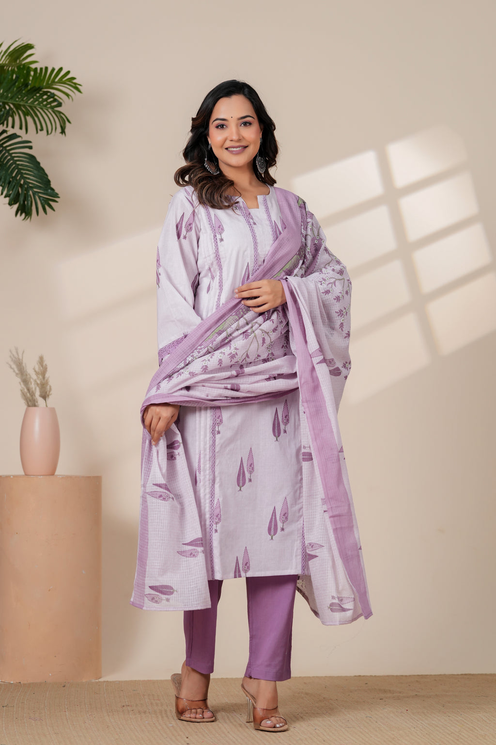 Elegant Lavender Printed Kurta with Pants & Floral Dupatta Set