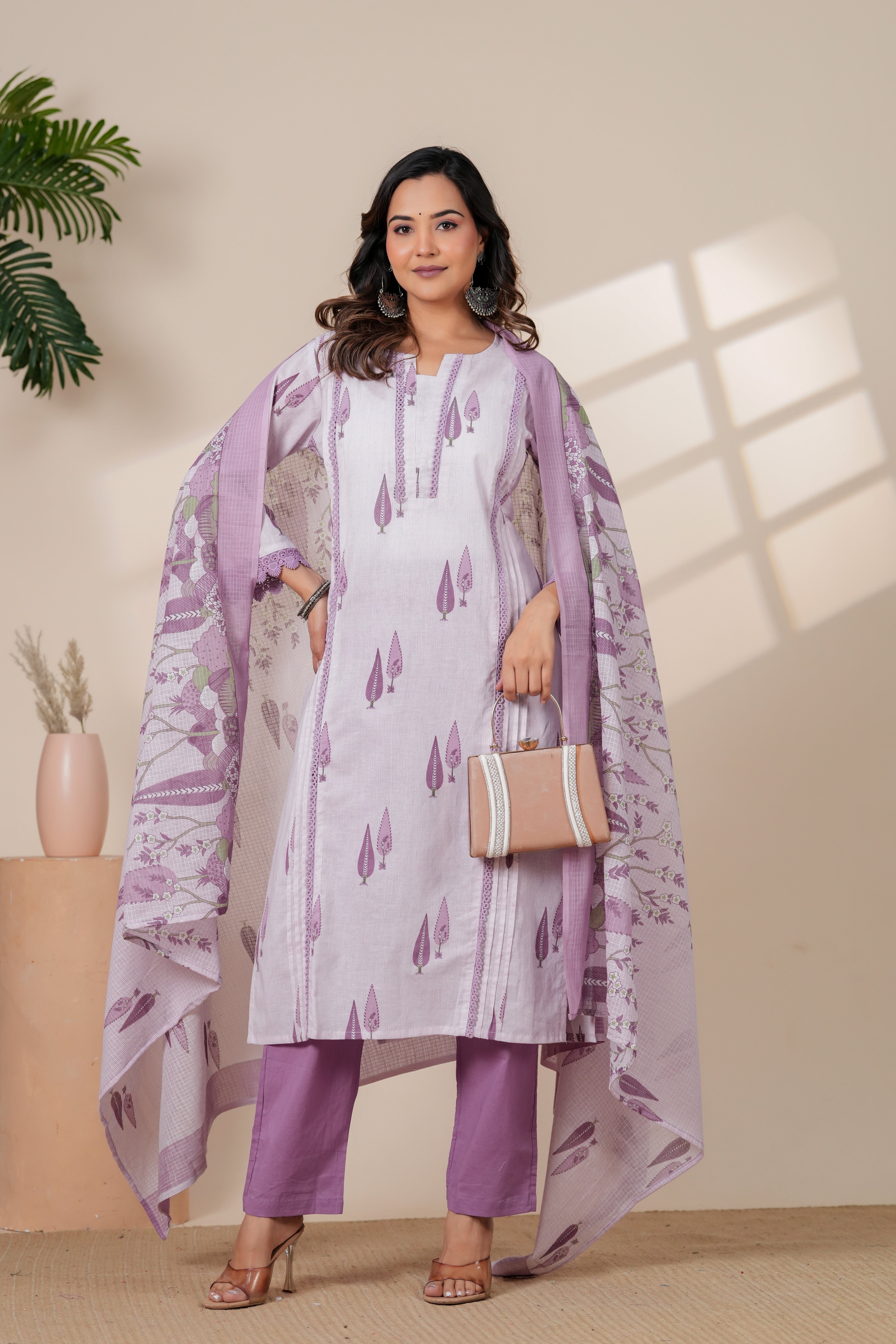 Elegant Lavender Printed Kurta with Pants & Floral Dupatta Set