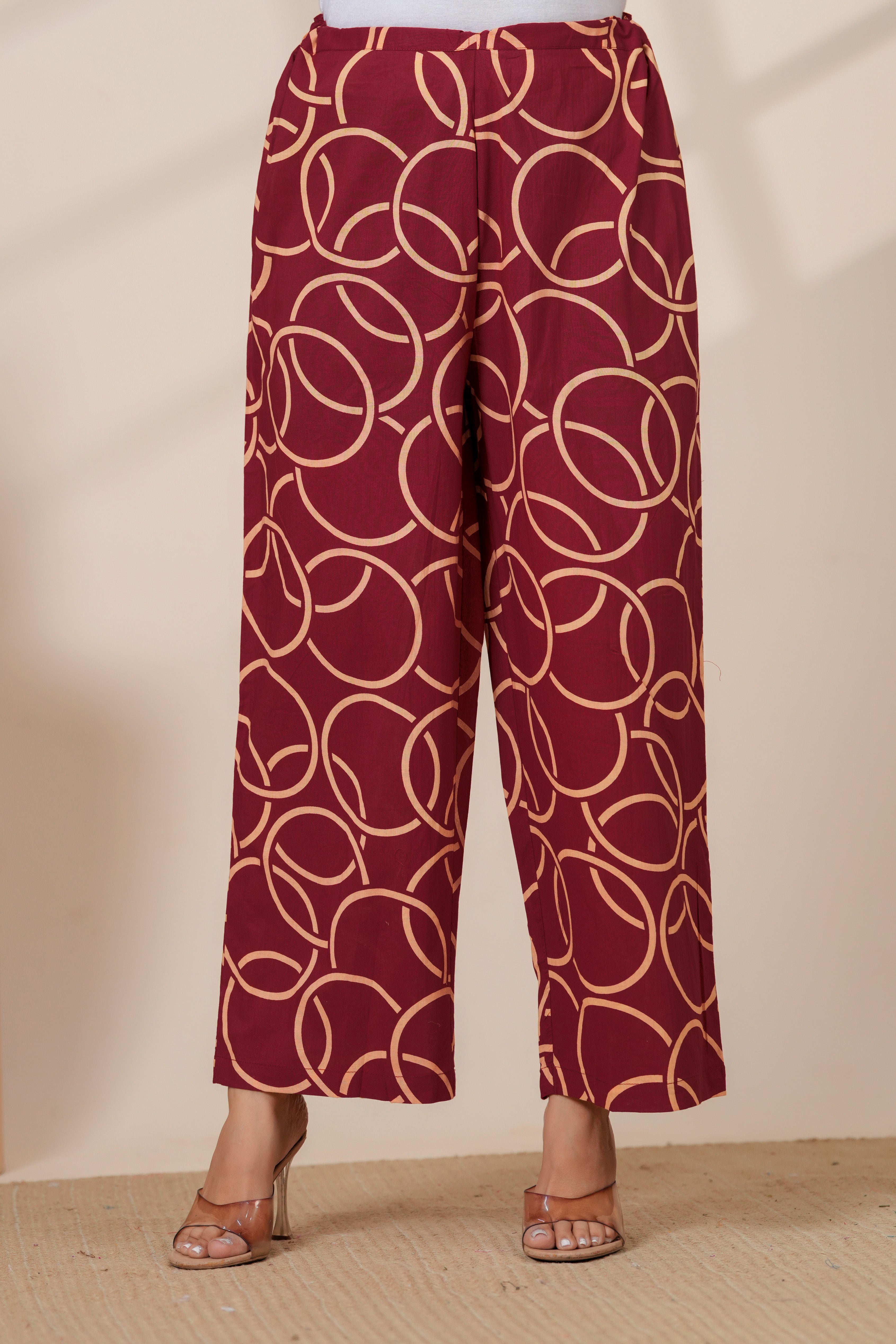 Maroon Geometric Printed A-Line Kurti & Pant Set