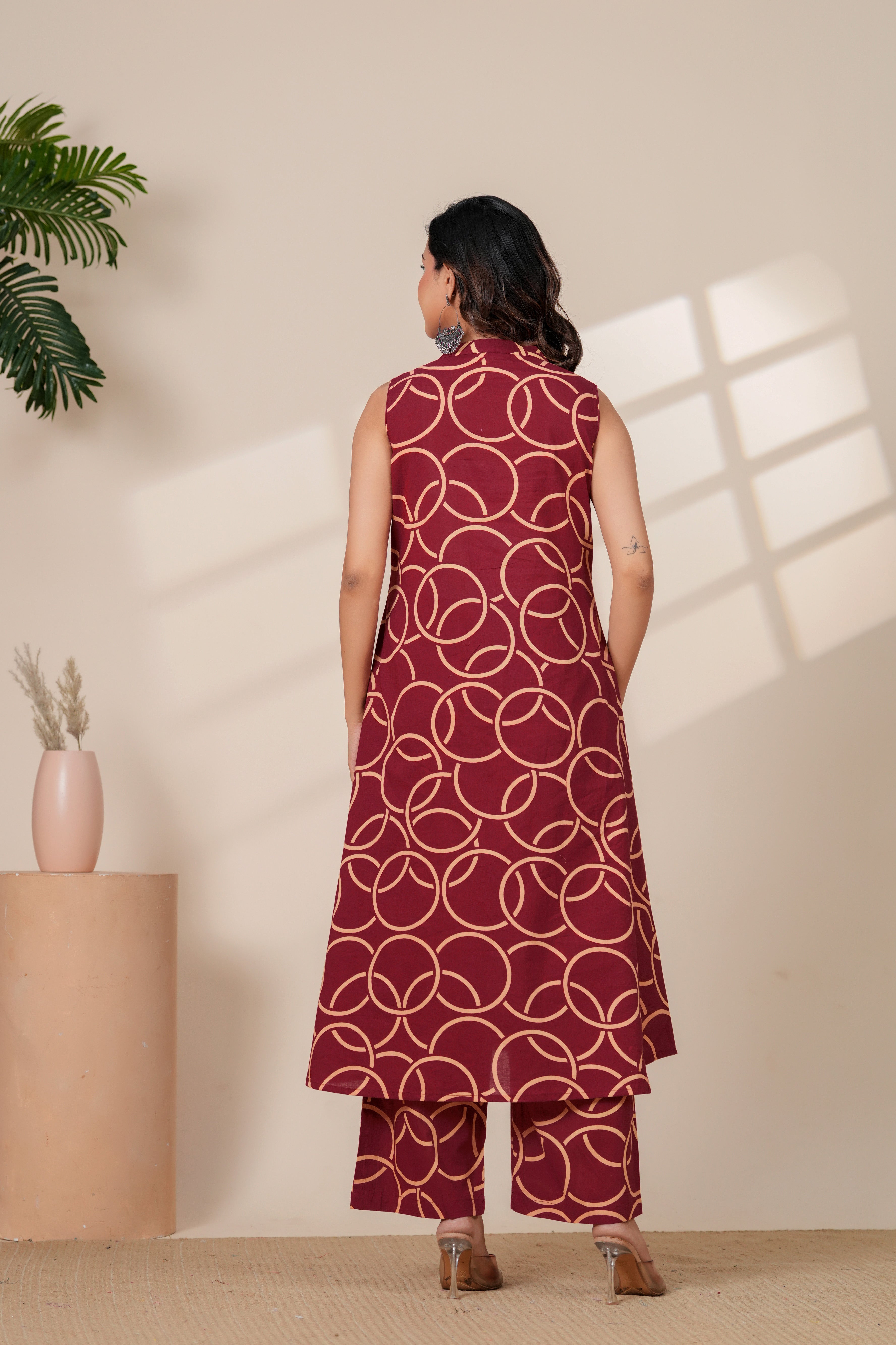 Maroon Geometric Printed A-Line Kurti & Pant Set
