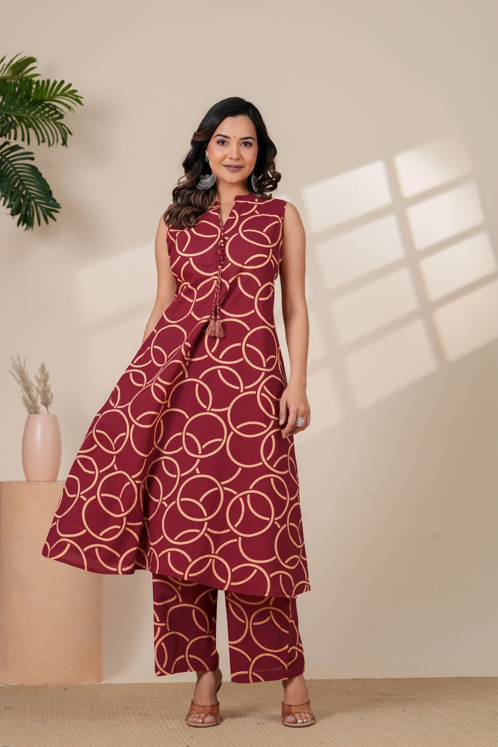 Maroon Geometric Printed A-Line Kurti & Pant Set
