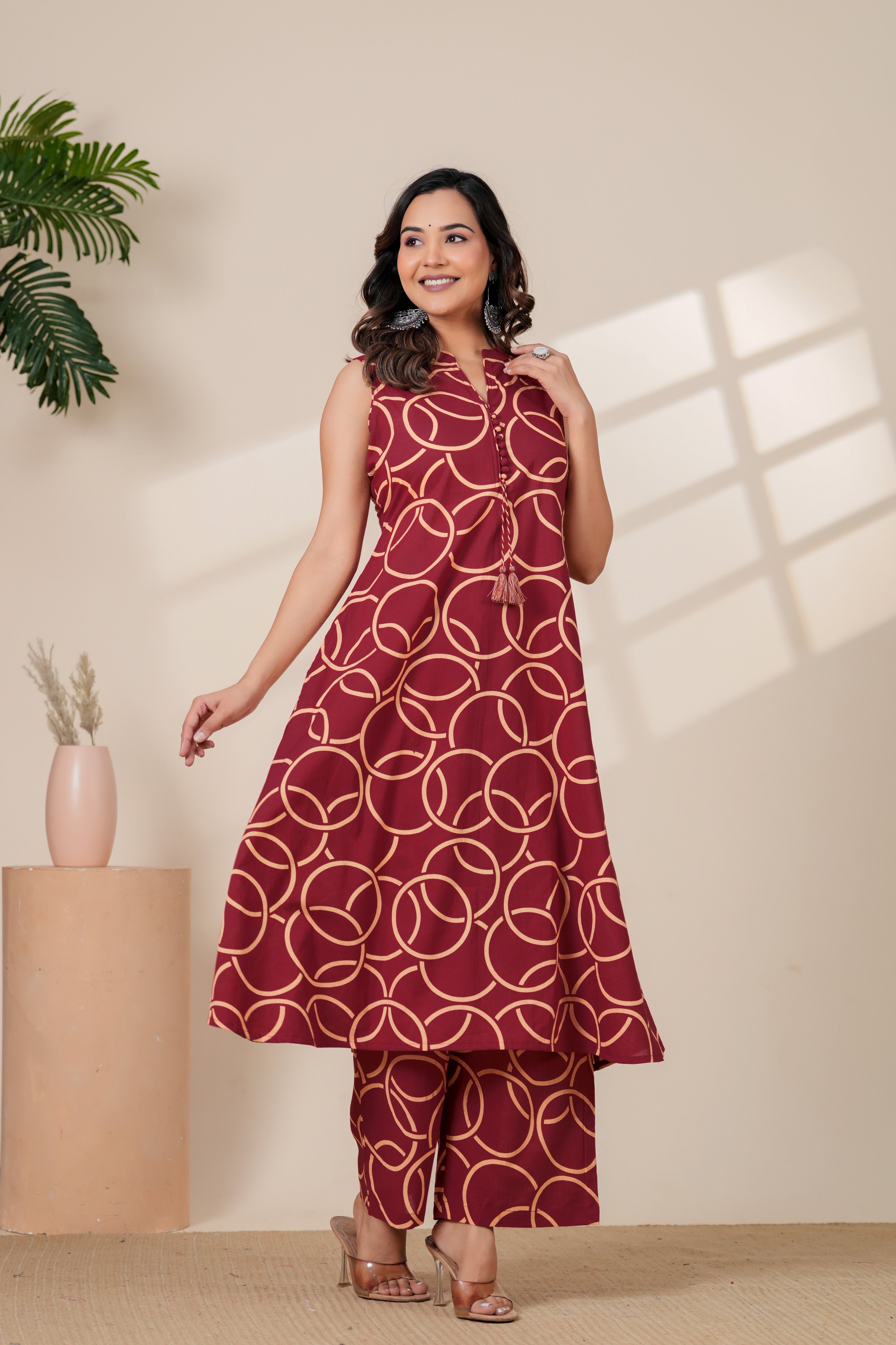 Maroon Geometric Printed A-Line Kurti & Pant Set