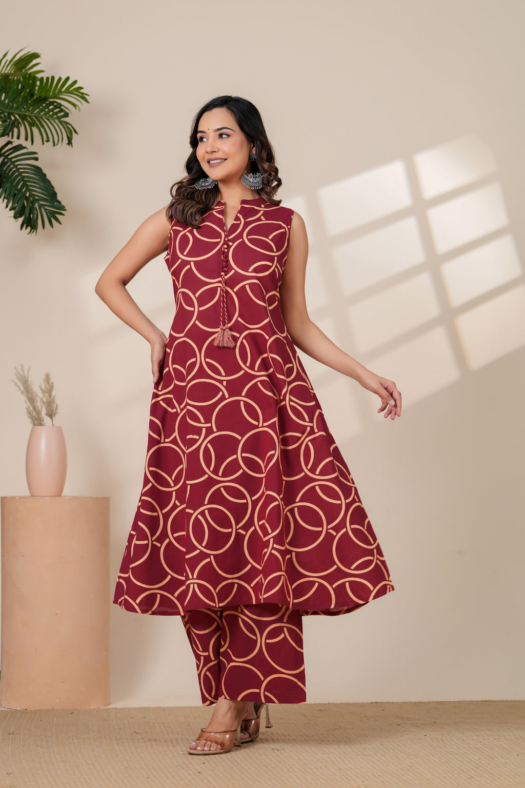 Maroon Geometric Printed A-Line Kurti & Pant Set