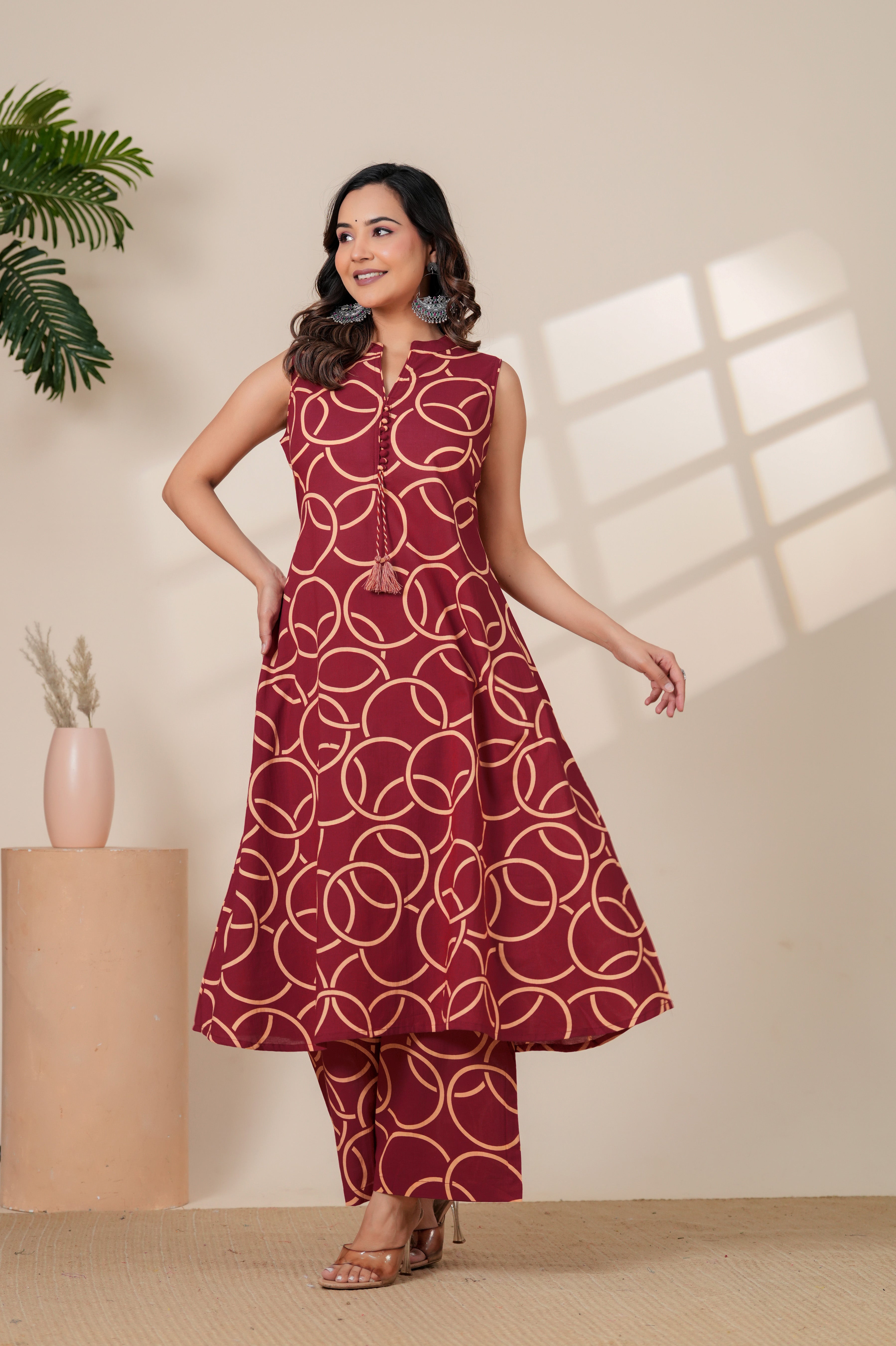 Maroon Geometric Printed A-Line Kurti & Pant Set
