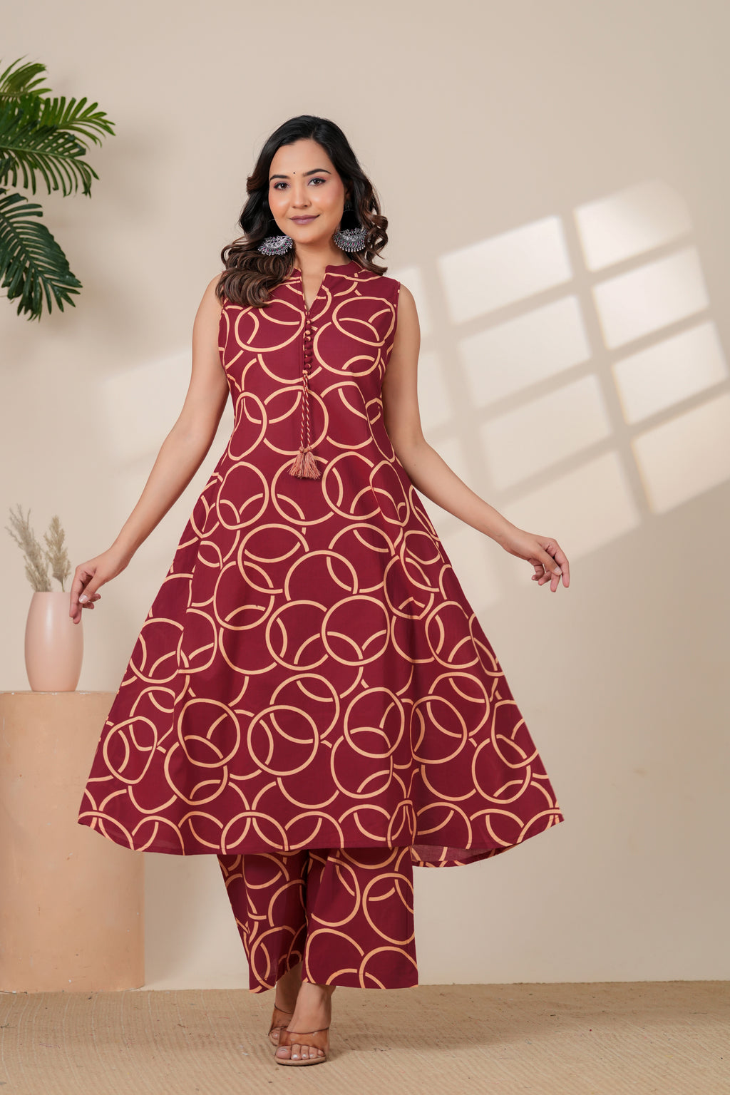 Maroon Geometric Printed A-Line Kurti & Pant Set