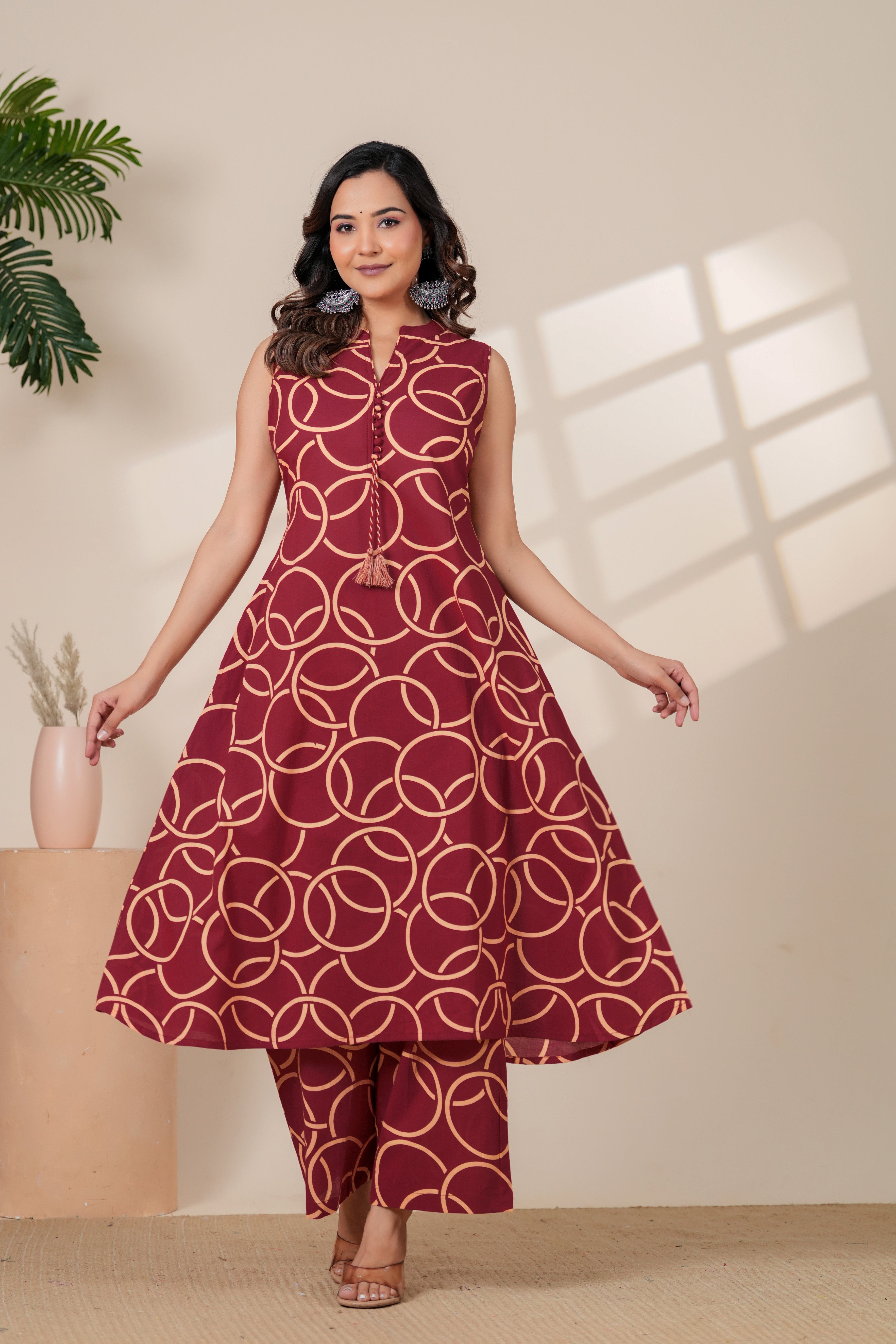 Maroon Geometric Printed A-Line Kurti & Pant Set