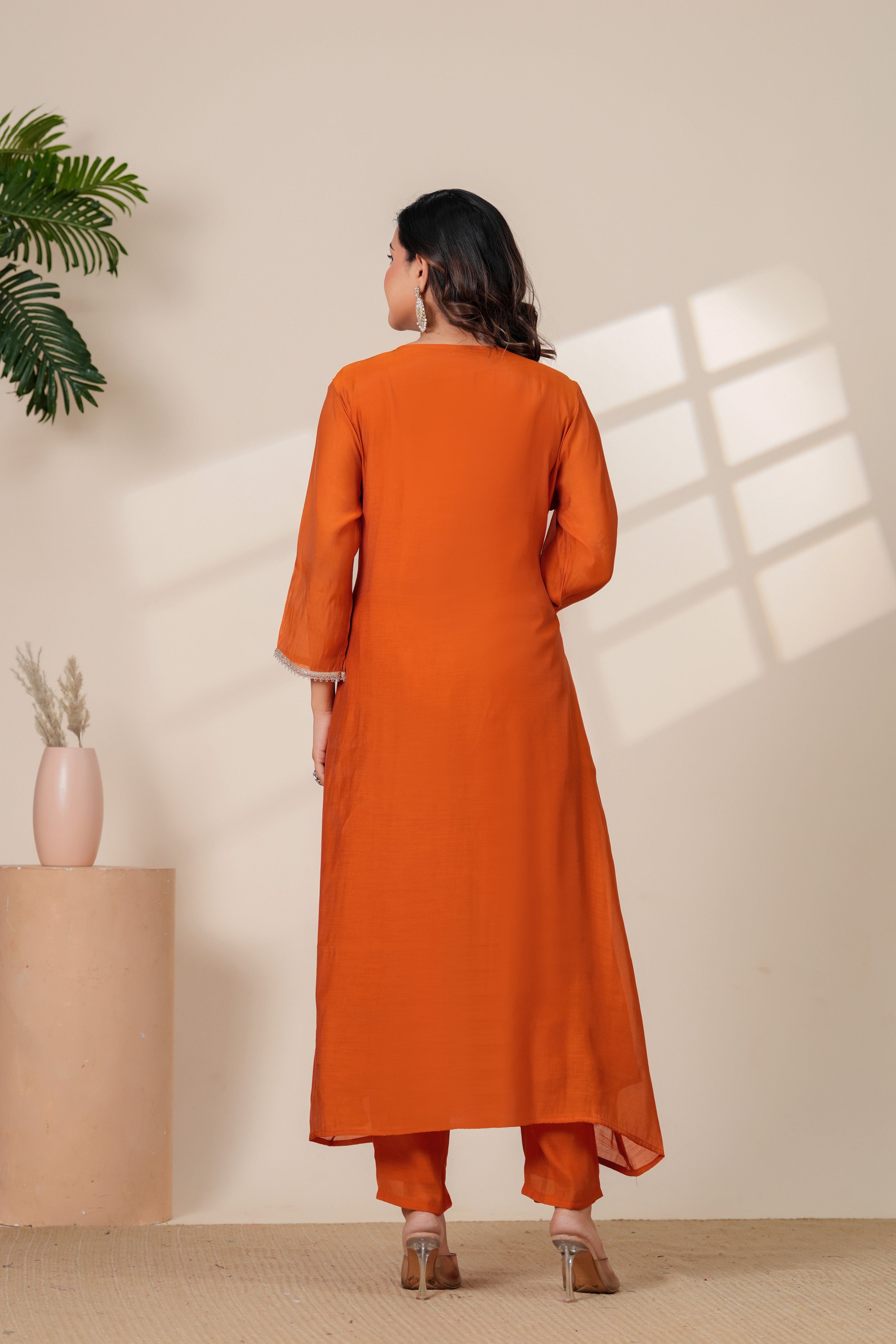 Elegant Rust Orange Kurta pant Set with Gota lace Dupatta