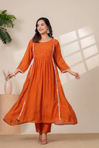 Elegant Rust Orange Kurta pant Set with Gota lace Dupatta