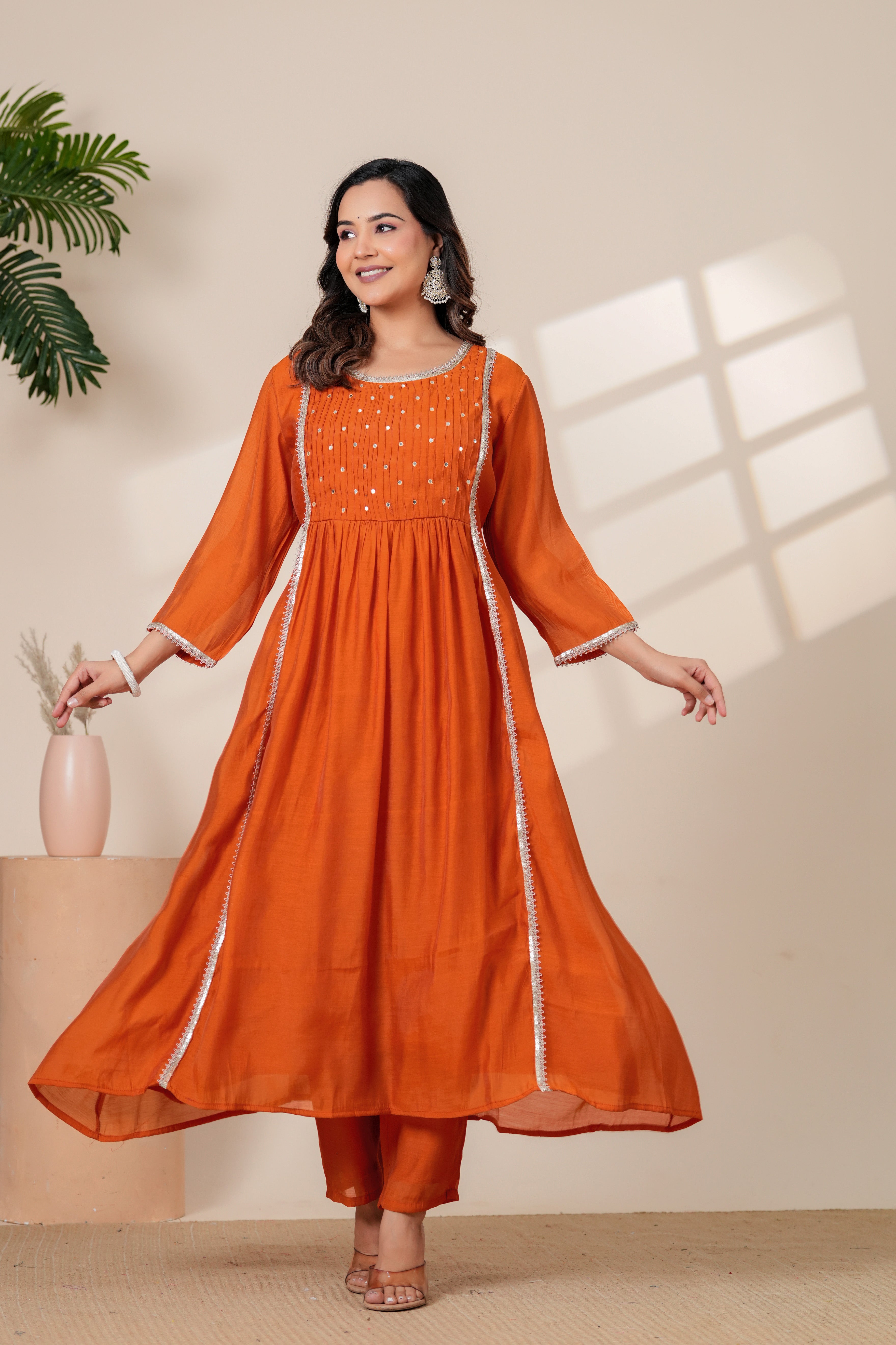 Elegant Rust Orange Kurta pant Set with Gota lace Dupatta