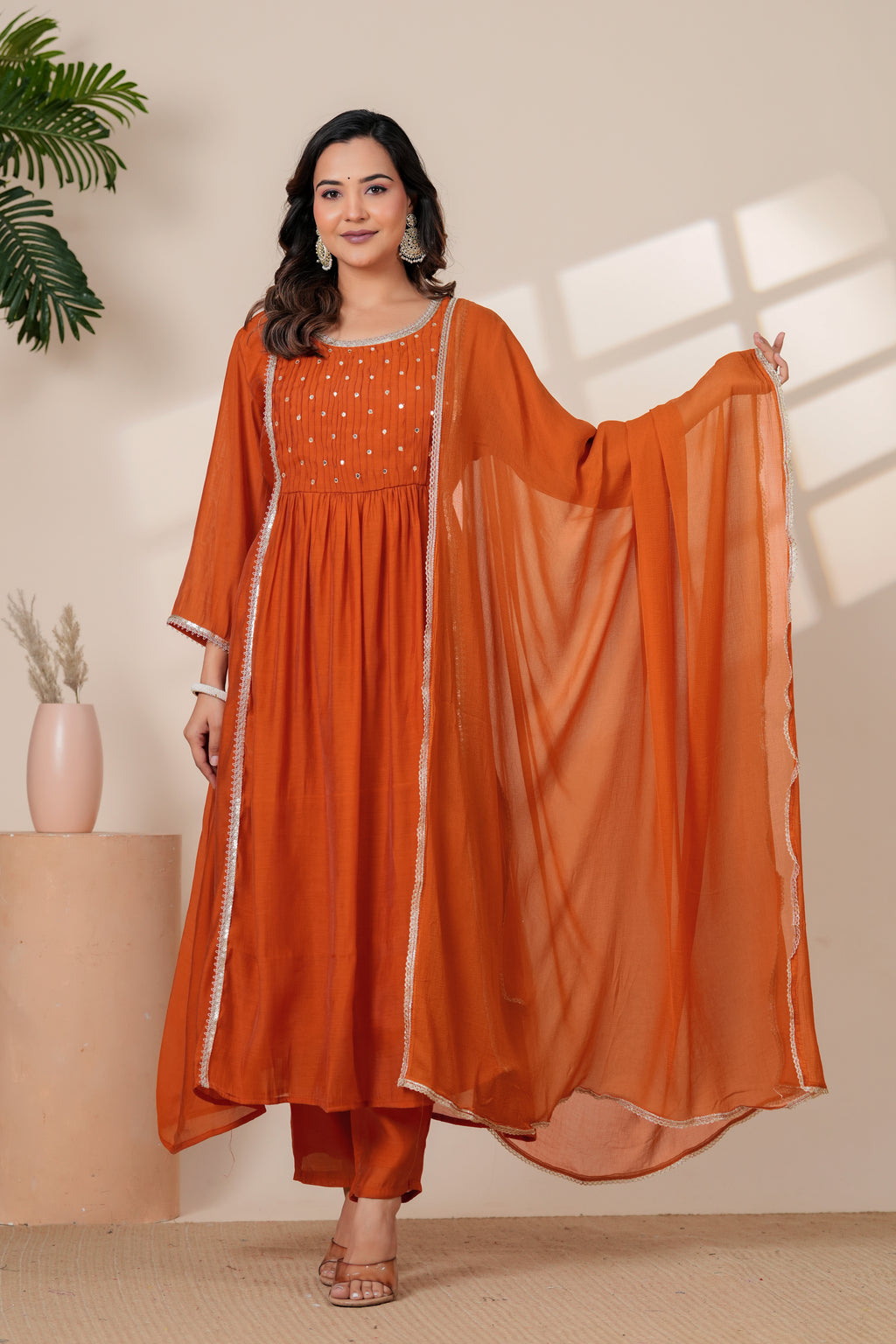 Elegant Rust Orange Kurta pant Set with Gota lace Dupatta