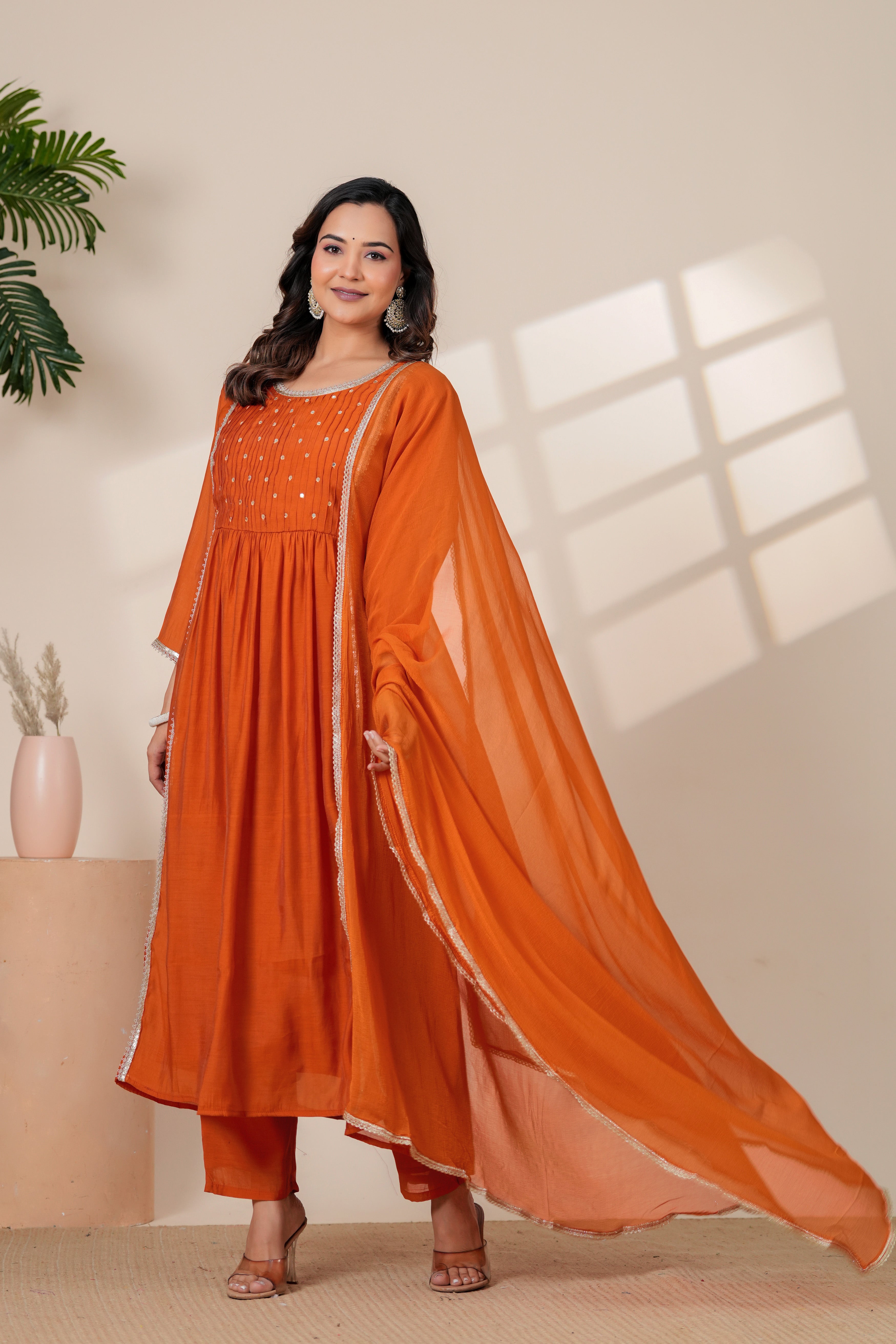 Elegant Rust Orange Kurta pant Set with Gota lace Dupatta