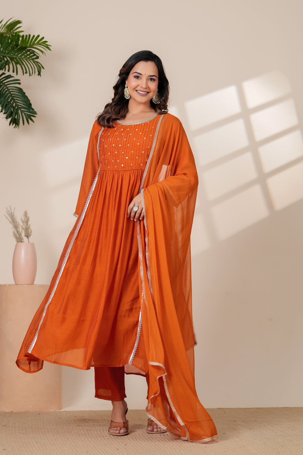 Elegant Rust Orange Kurta pant Set with Gota lace Dupatta