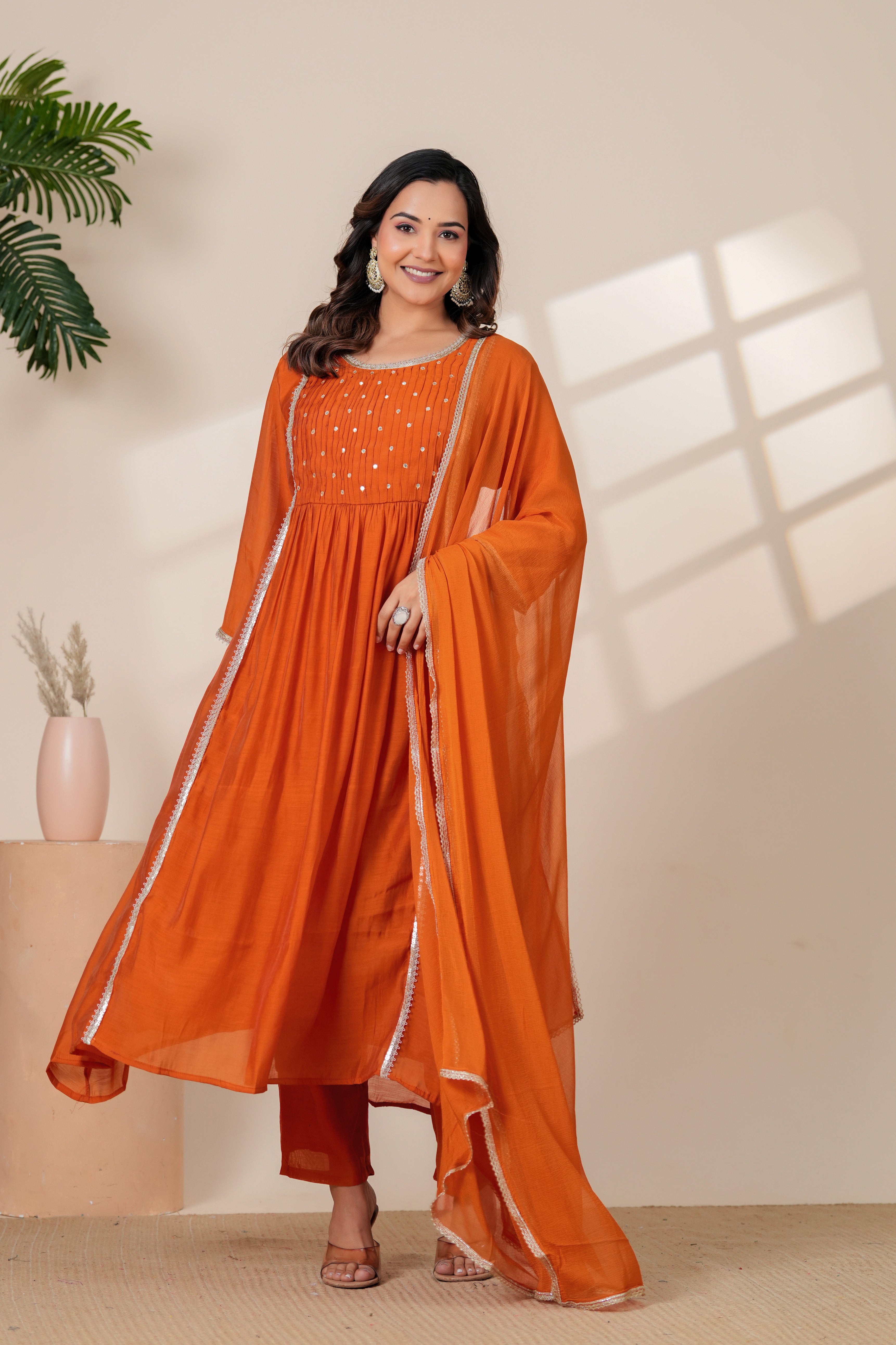 Elegant Rust Orange Kurta pant Set with Gota lace Dupatta