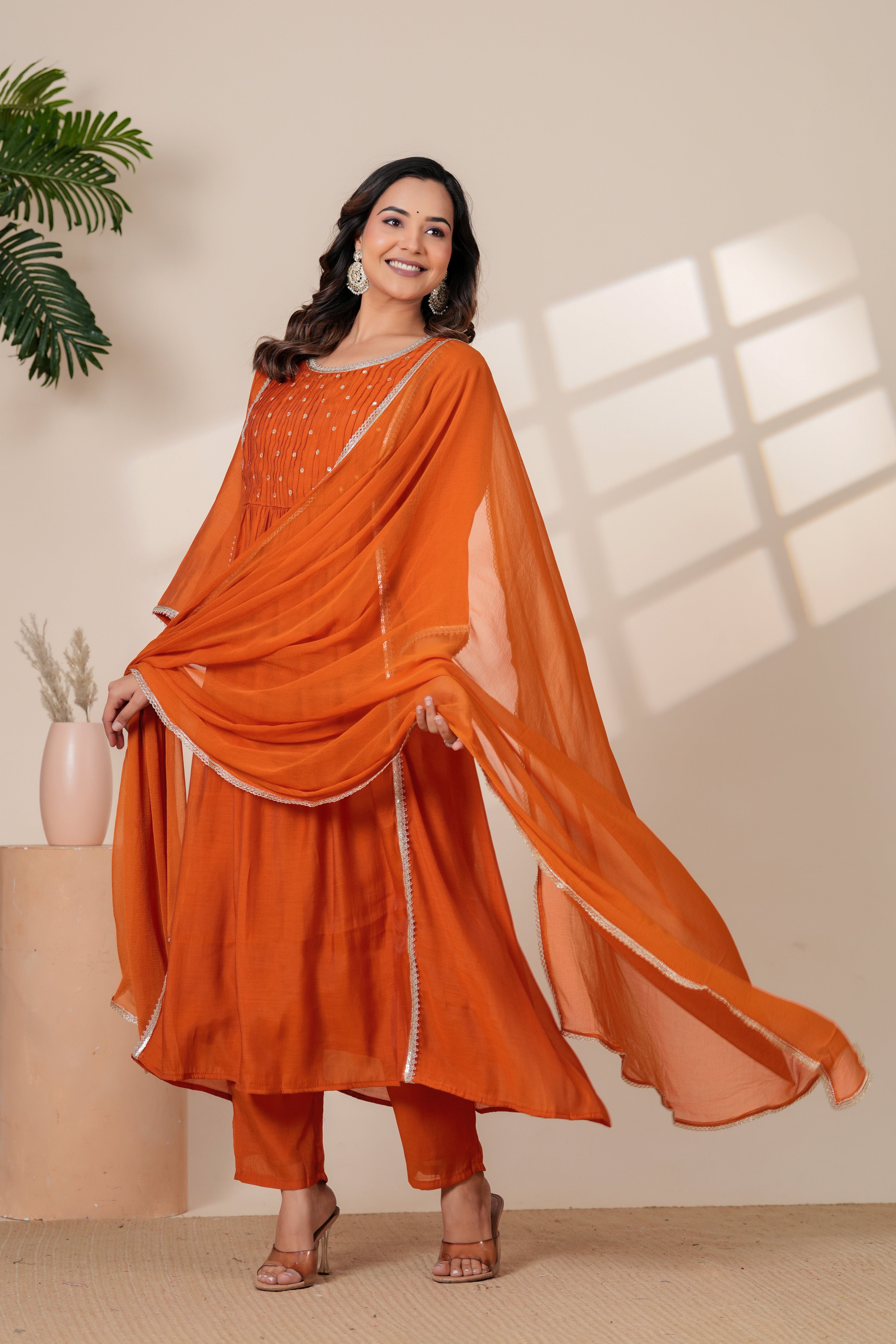 Elegant Rust Orange Kurta pant Set with Gota lace Dupatta