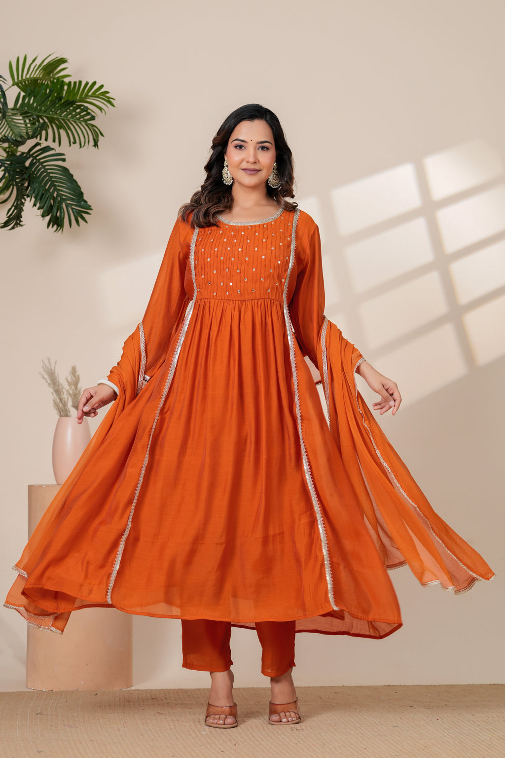 Elegant Rust Orange Kurta pant Set with Gota lace Dupatta