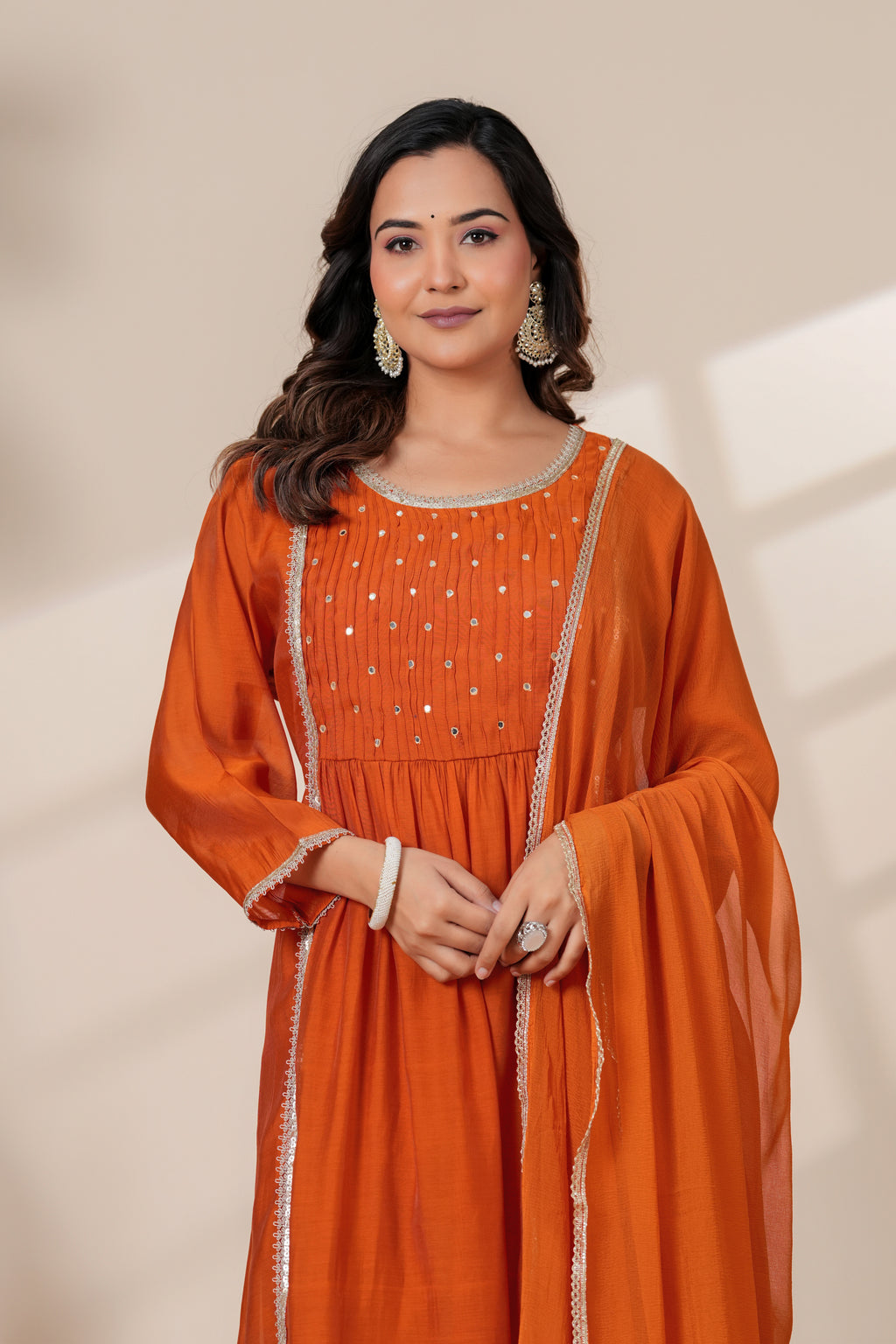 Elegant Rust Orange Kurta pant Set with Gota lace Dupatta