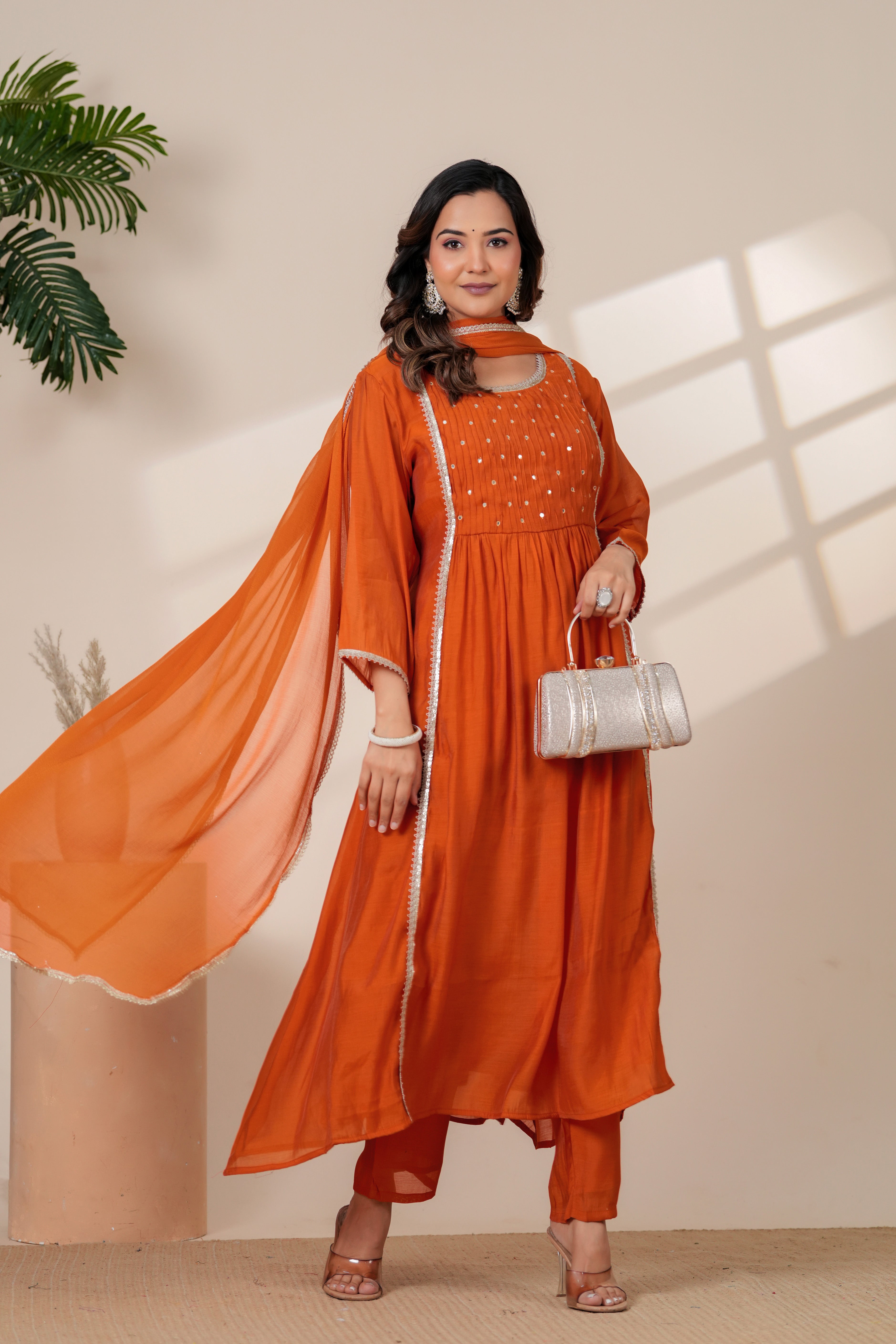 Elegant Rust Orange Kurta pant Set with Gota lace Dupatta