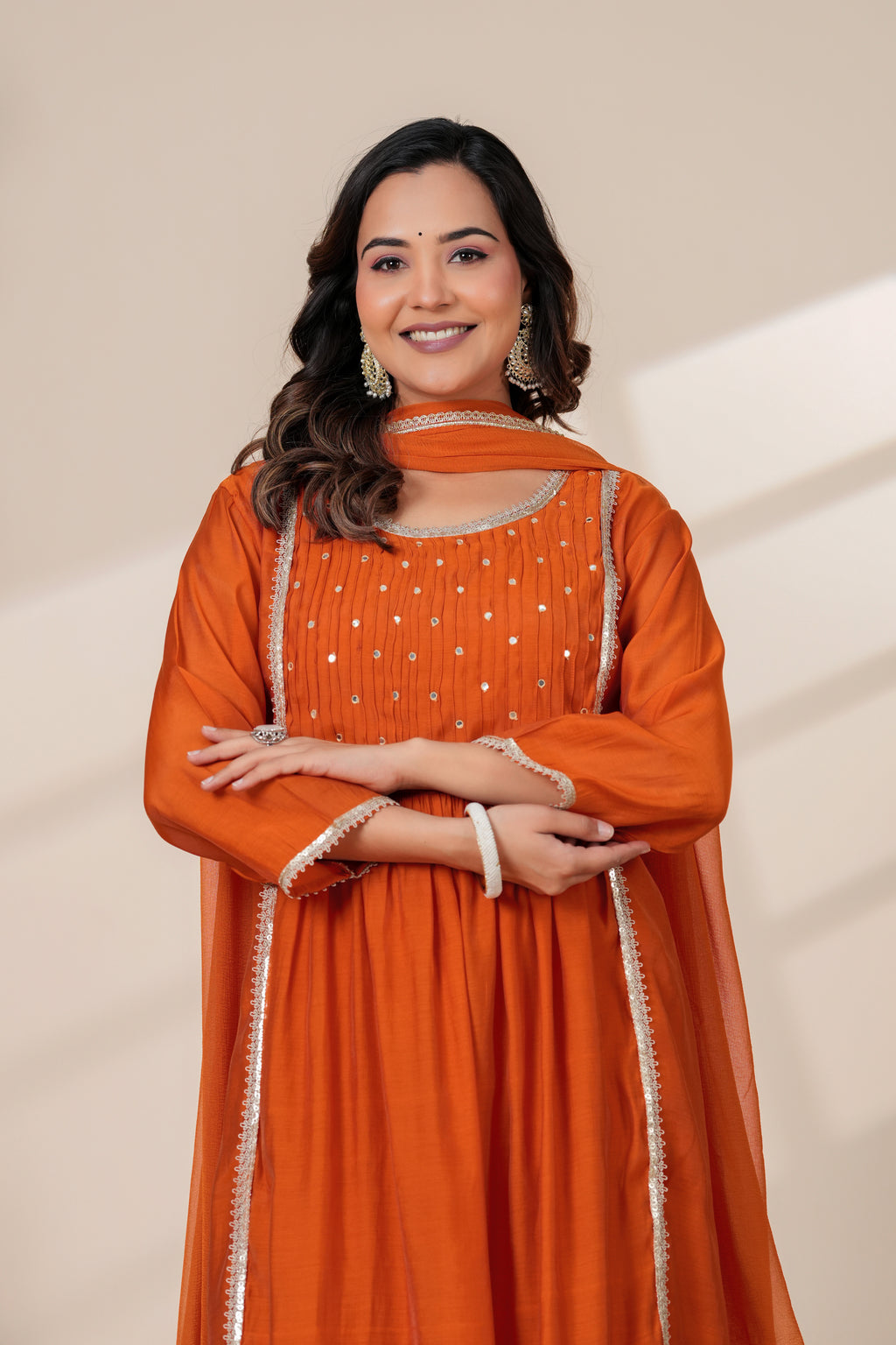 Elegant Rust Orange Kurta pant Set with Gota lace Dupatta