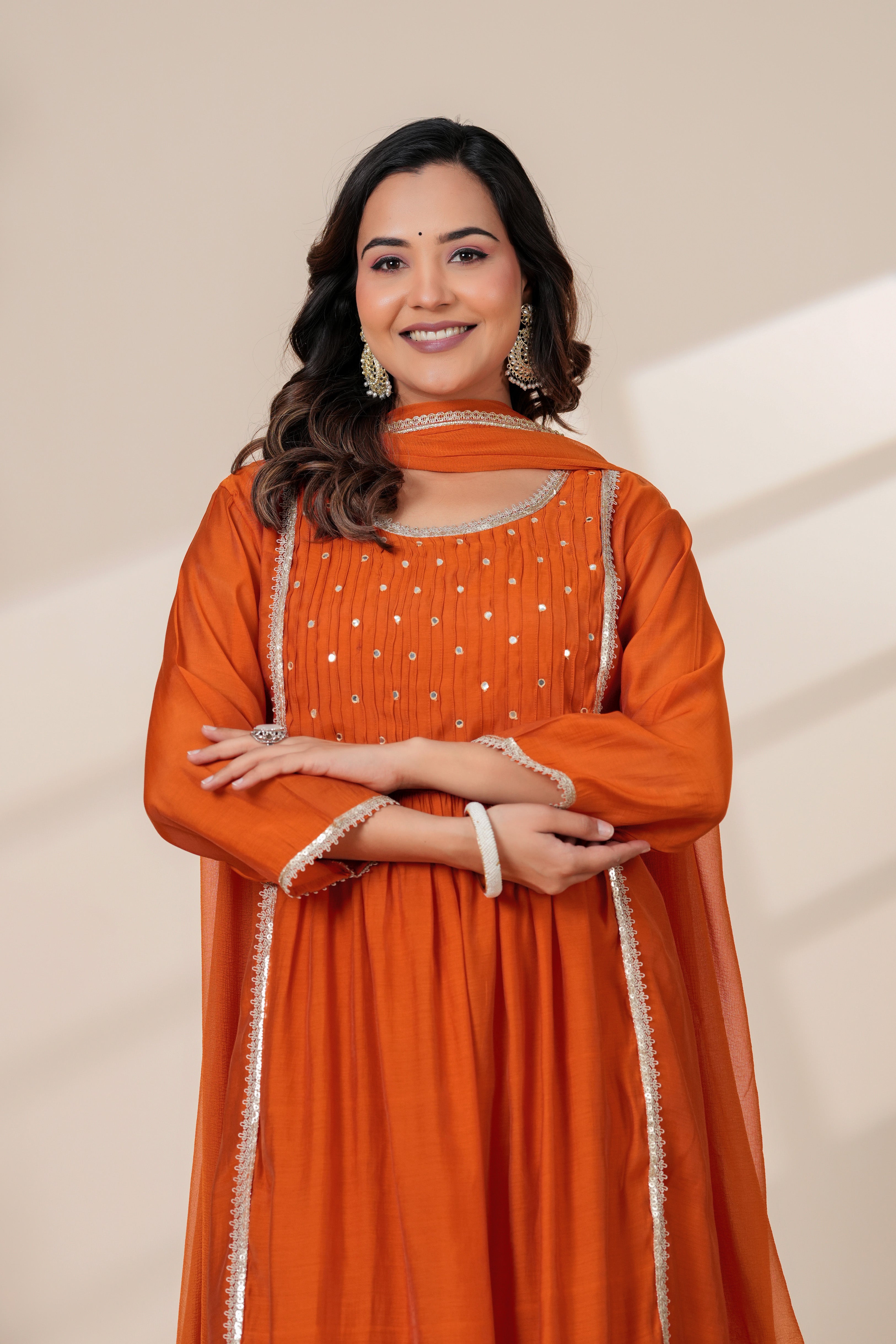 Elegant Rust Orange Kurta pant Set with Gota lace Dupatta
