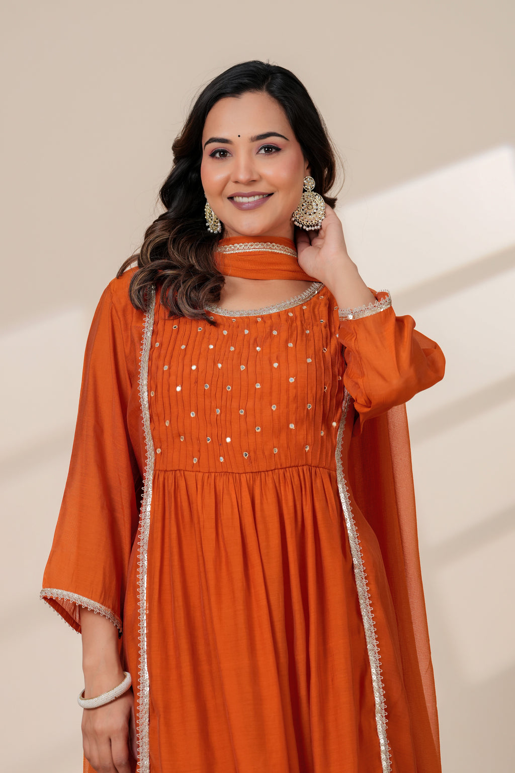 Elegant Rust Orange Kurta pant Set with Gota lace Dupatta