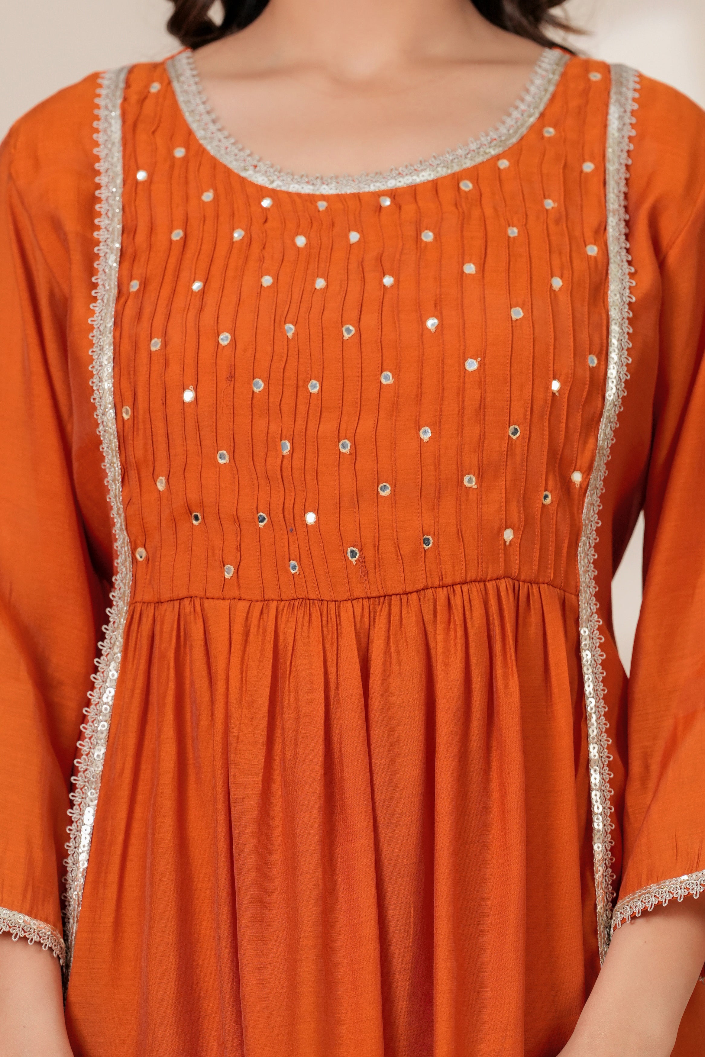 Elegant Rust Orange Kurta pant Set with Gota lace Dupatta