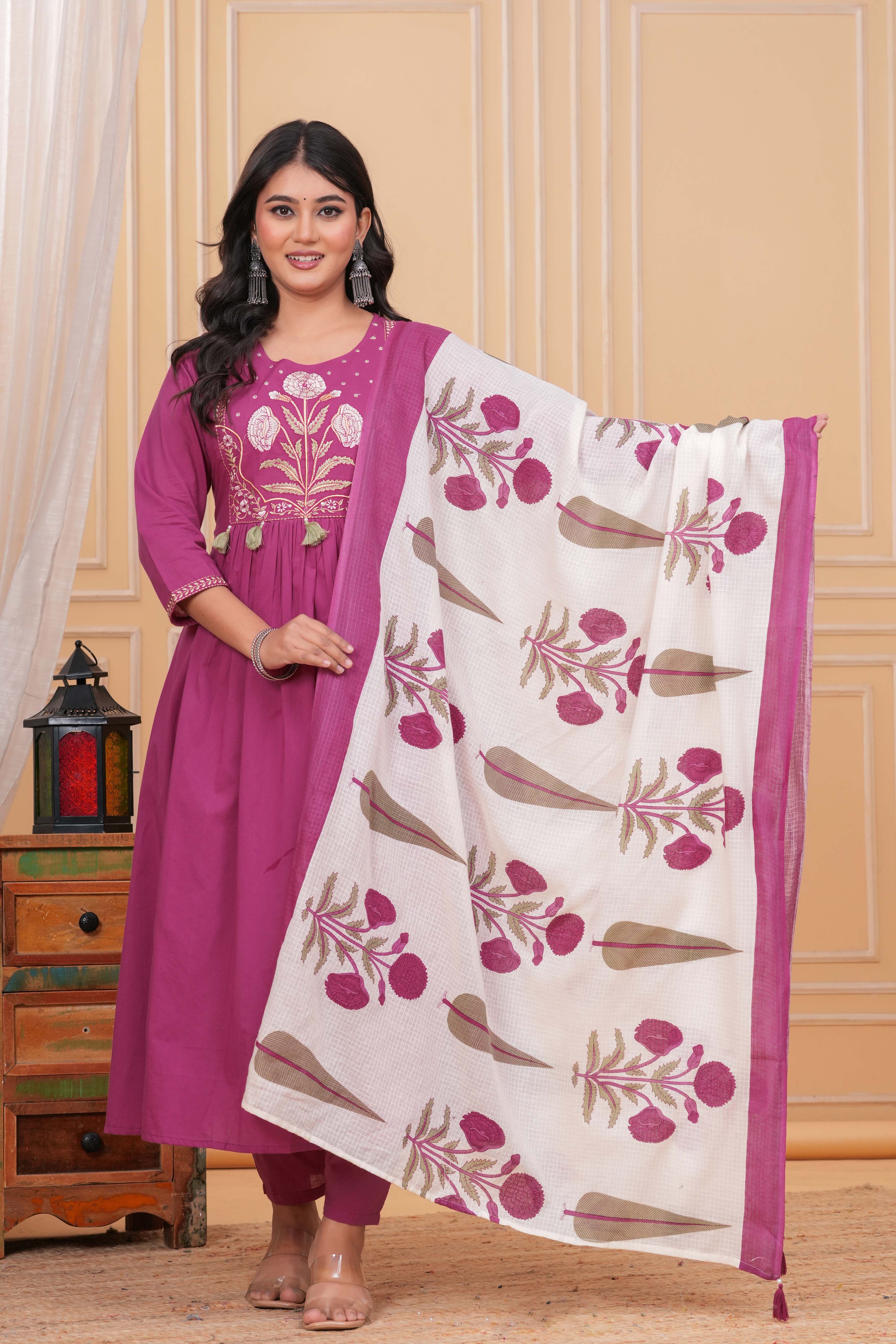 Elegant Women Embroidered Pink Kurta Pant with Cotton Printed Dupatta