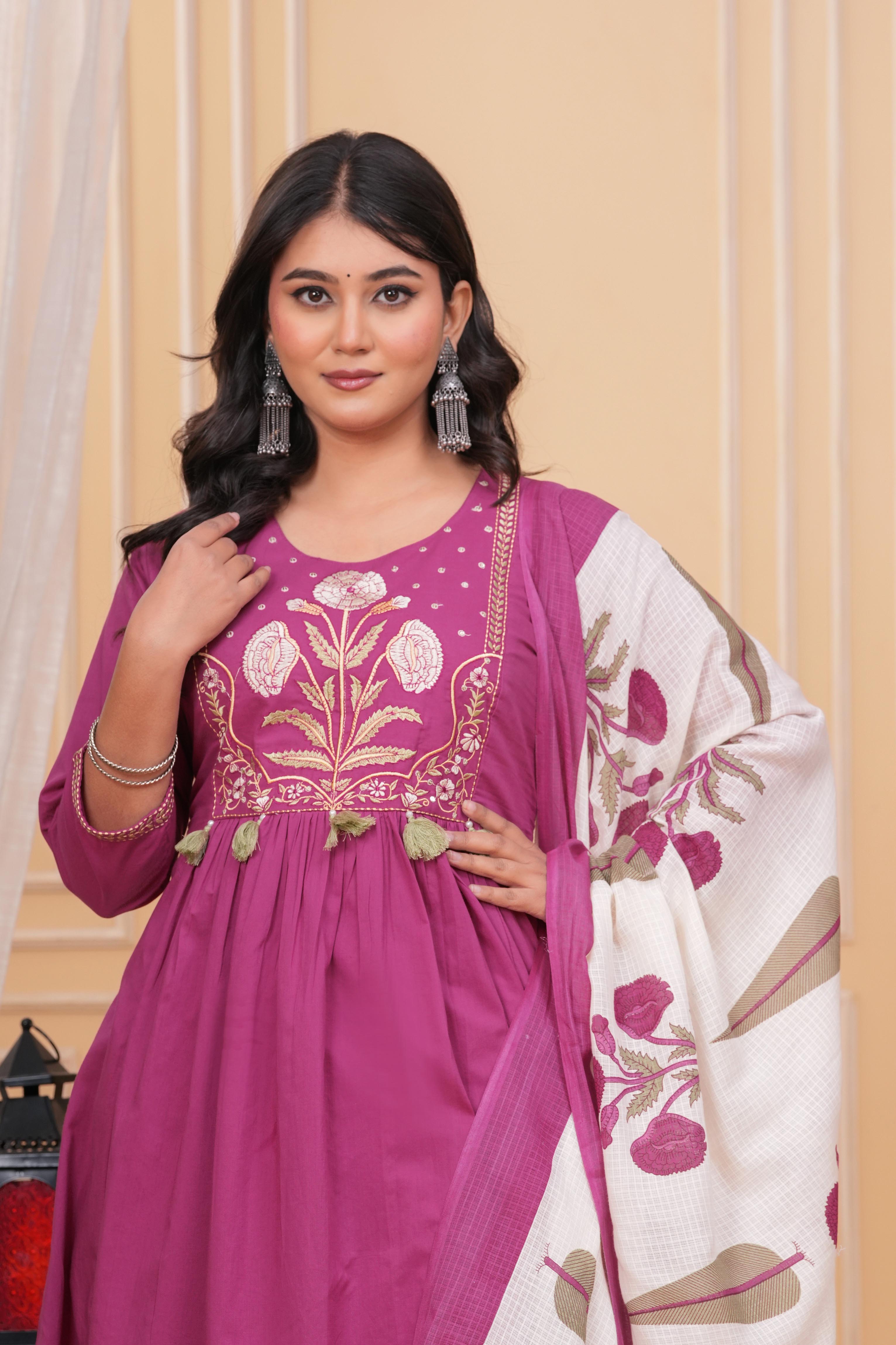 Elegant Women Embroidered Pink Kurta Pant with Cotton Printed Dupatta