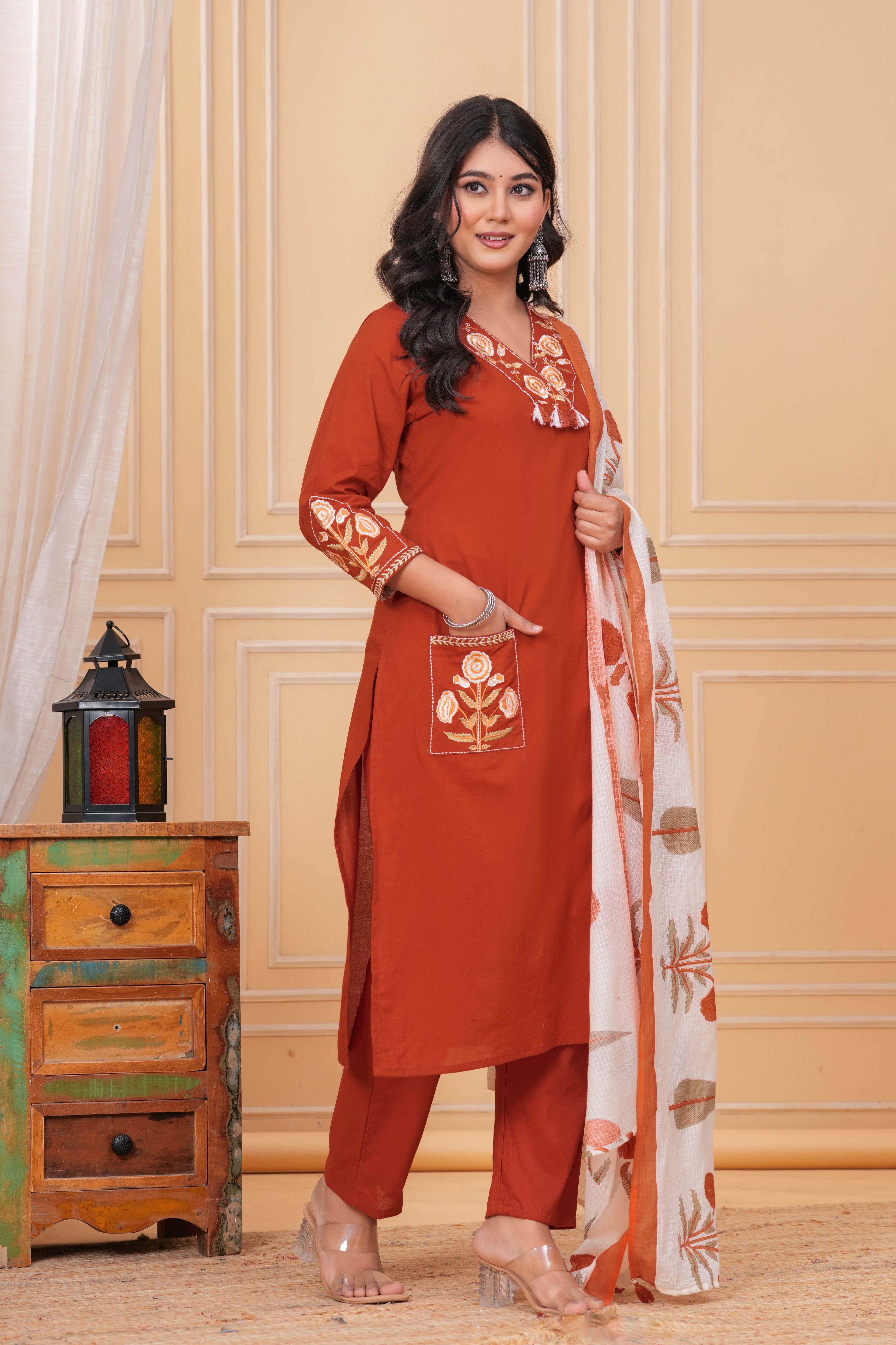 Elegant Rust Orange Handwork Kurta Set for Women