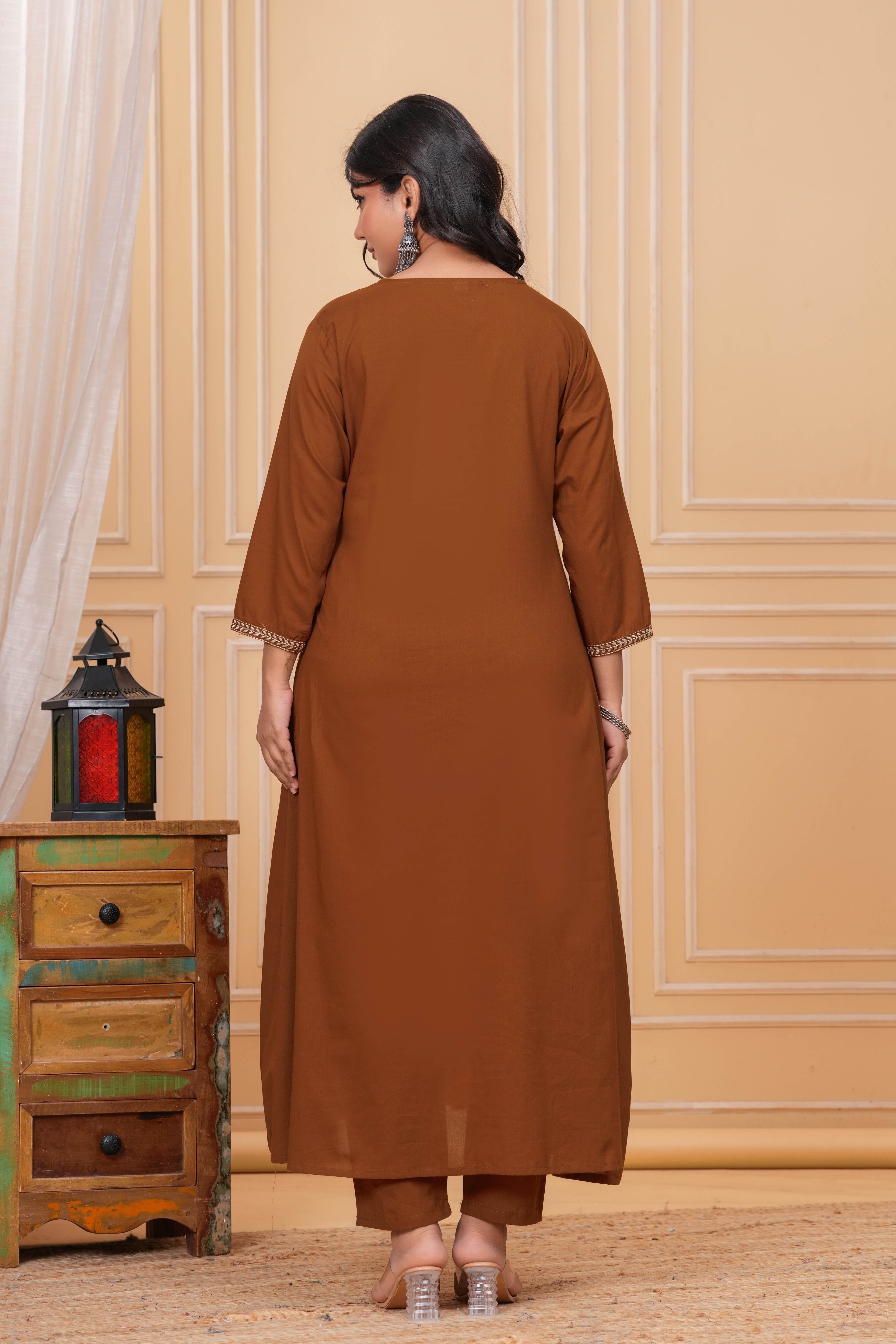 Elegant Women Embroidered Brown Kurta Pant with Cotton Printed Dupatta