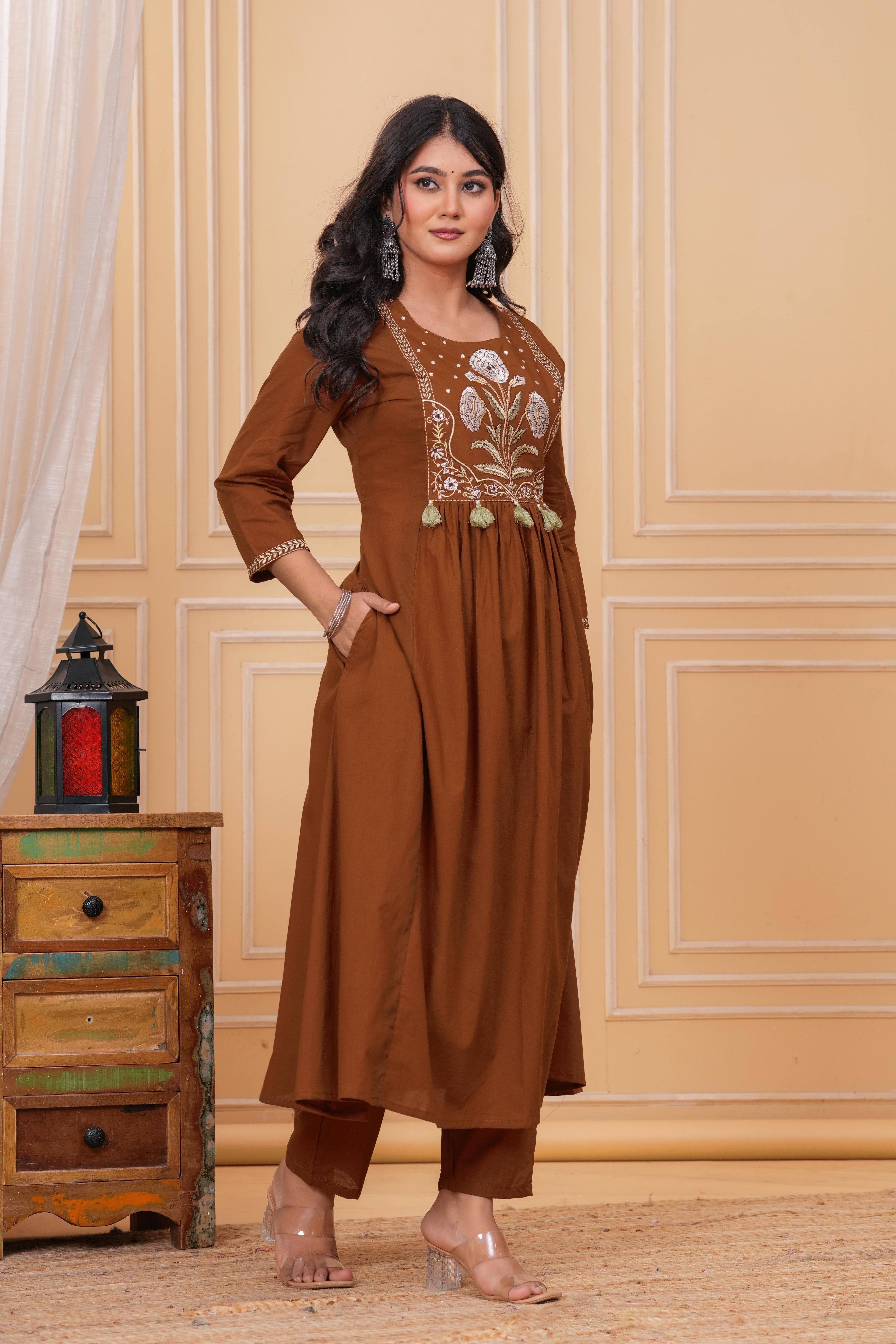 Elegant Women Embroidered Brown Kurta Pant with Cotton Printed Dupatta