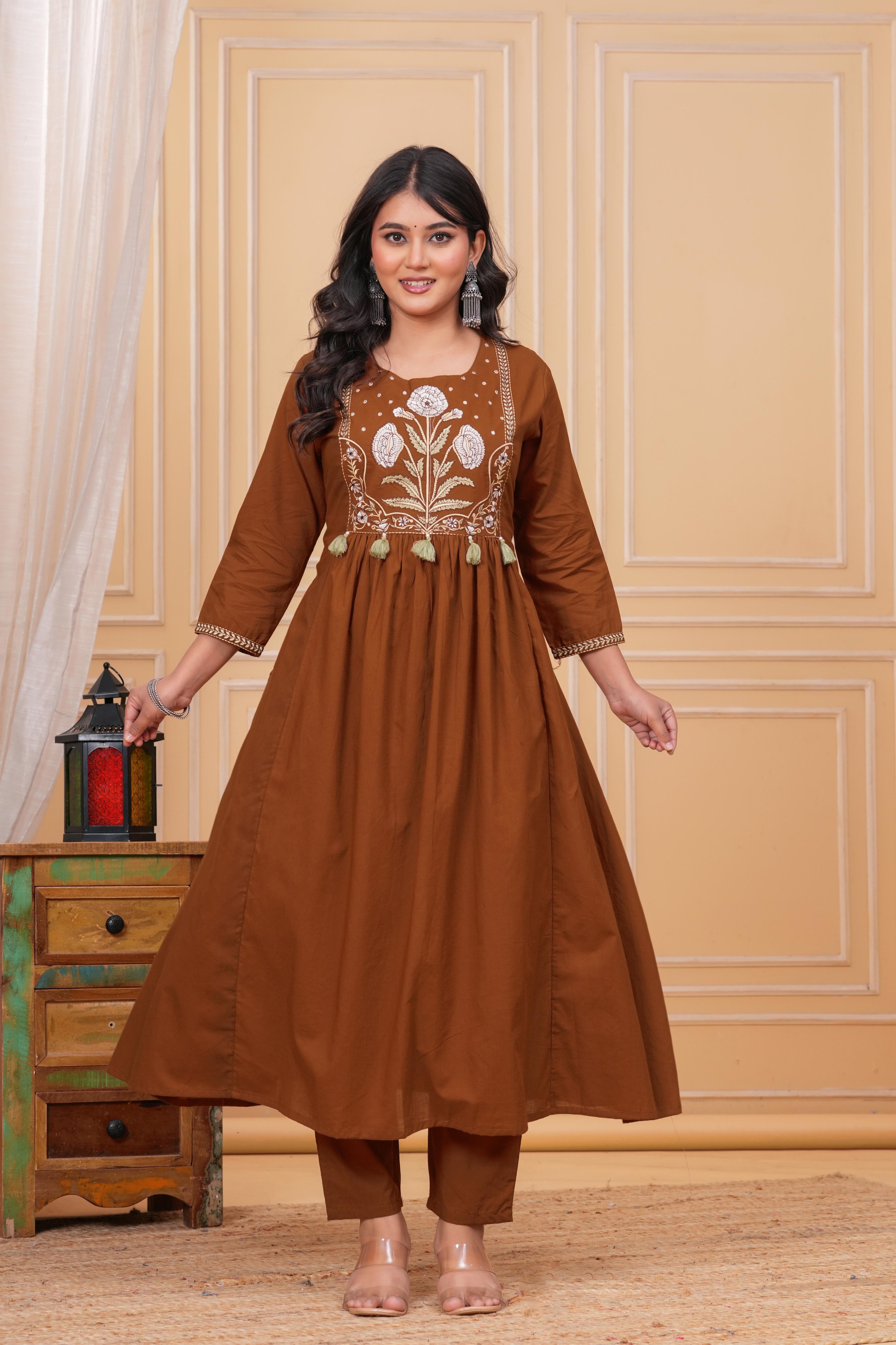 Elegant Women Embroidered Brown Kurta Pant with Cotton Printed Dupatta