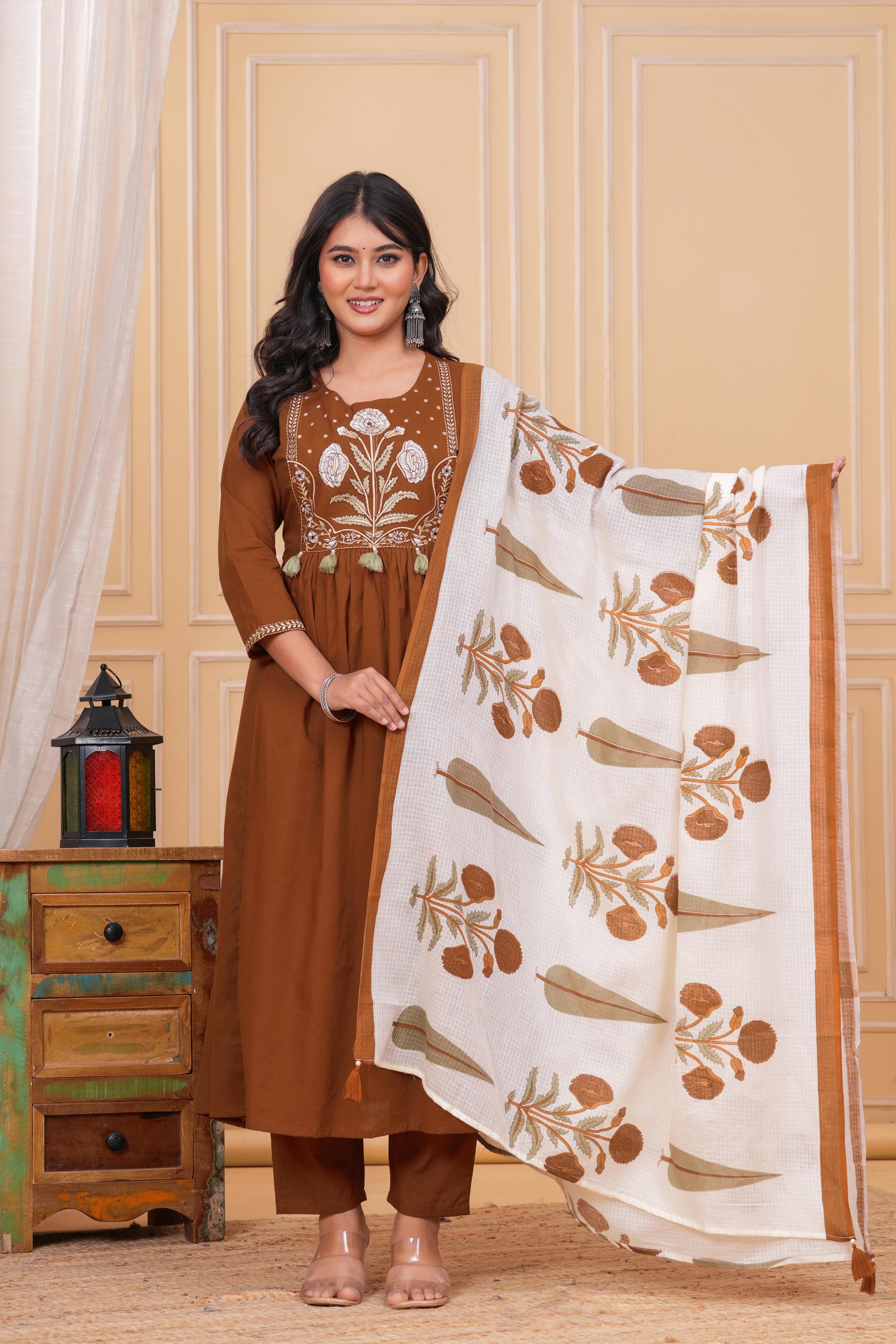 Elegant Women Embroidered Brown Kurta Pant with Cotton Printed Dupatta
