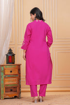 Elegant Rani Pink Floral Embroidered Kurta Pant Dupatta Set