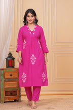 Elegant Rani Pink Floral Embroidered Kurta Pant Dupatta Set