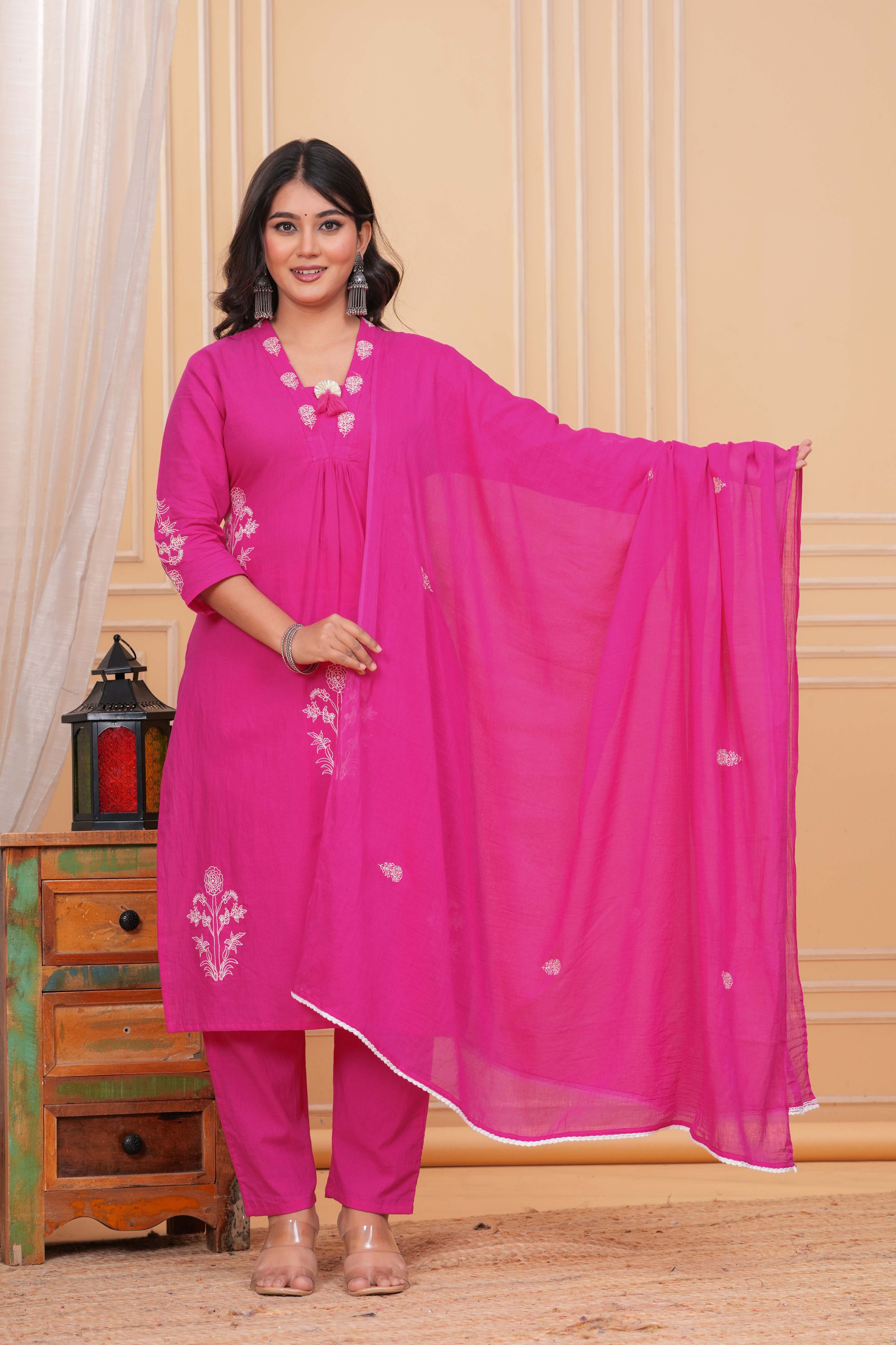 Elegant Rani Pink Floral Embroidered Kurta Pant Dupatta Set