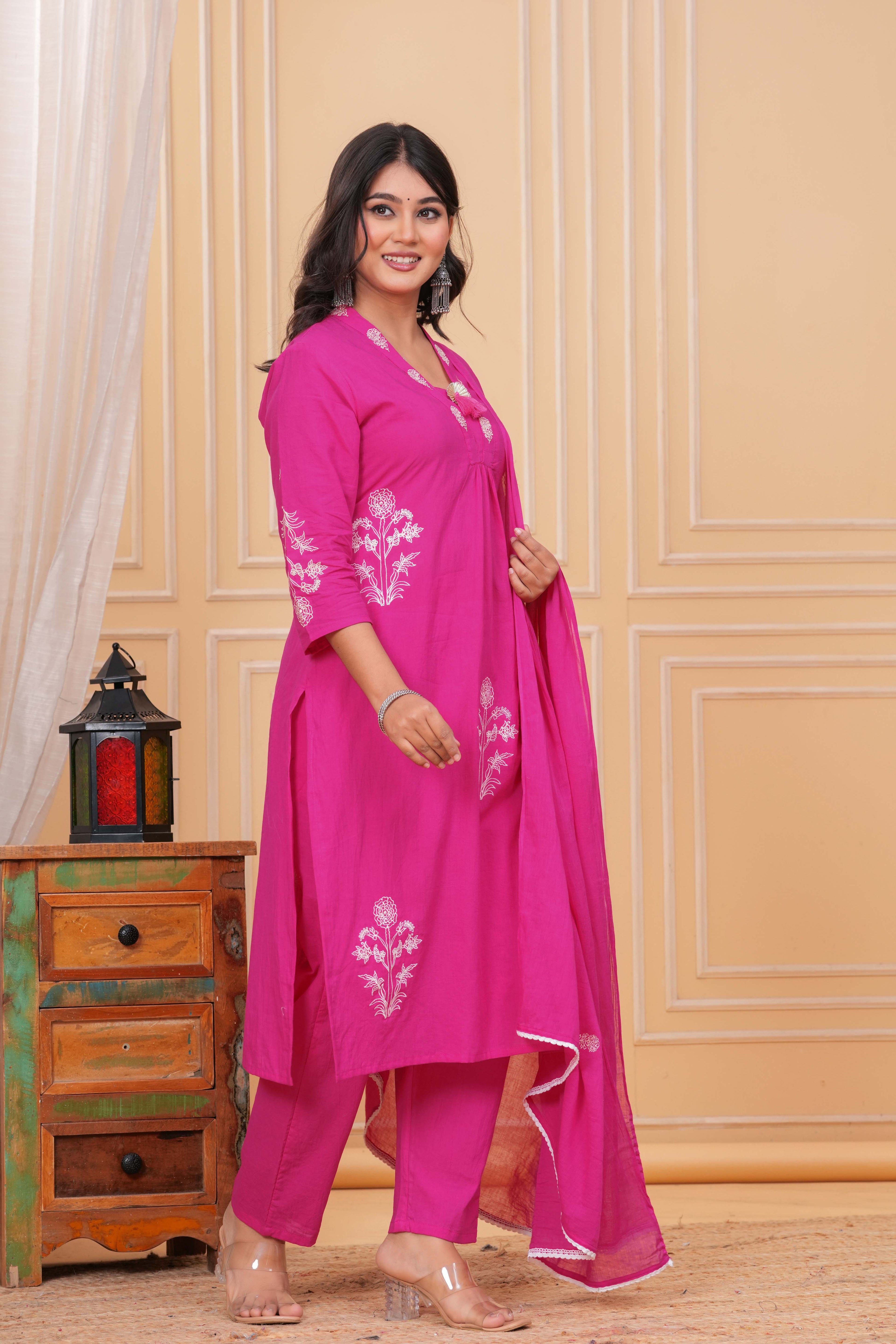 Elegant Rani Pink Floral Embroidered Kurta Pant Dupatta Set