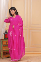 Elegant Rani Pink Floral Embroidered Kurta Pant Dupatta Set