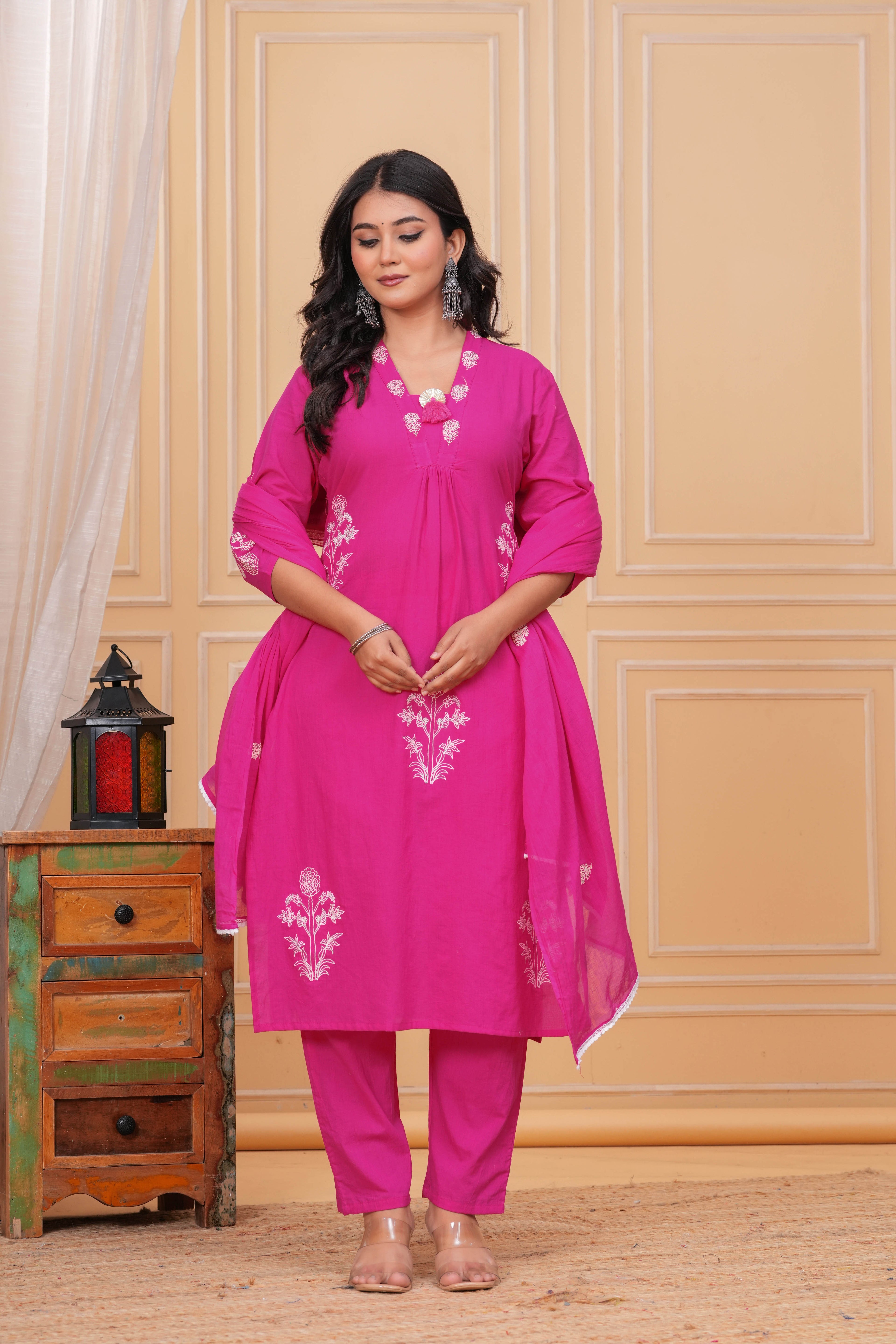 Elegant Rani Pink Floral Embroidered Kurta Pant Dupatta Set