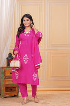 Elegant Rani Pink Floral Embroidered Kurta Pant Dupatta Set