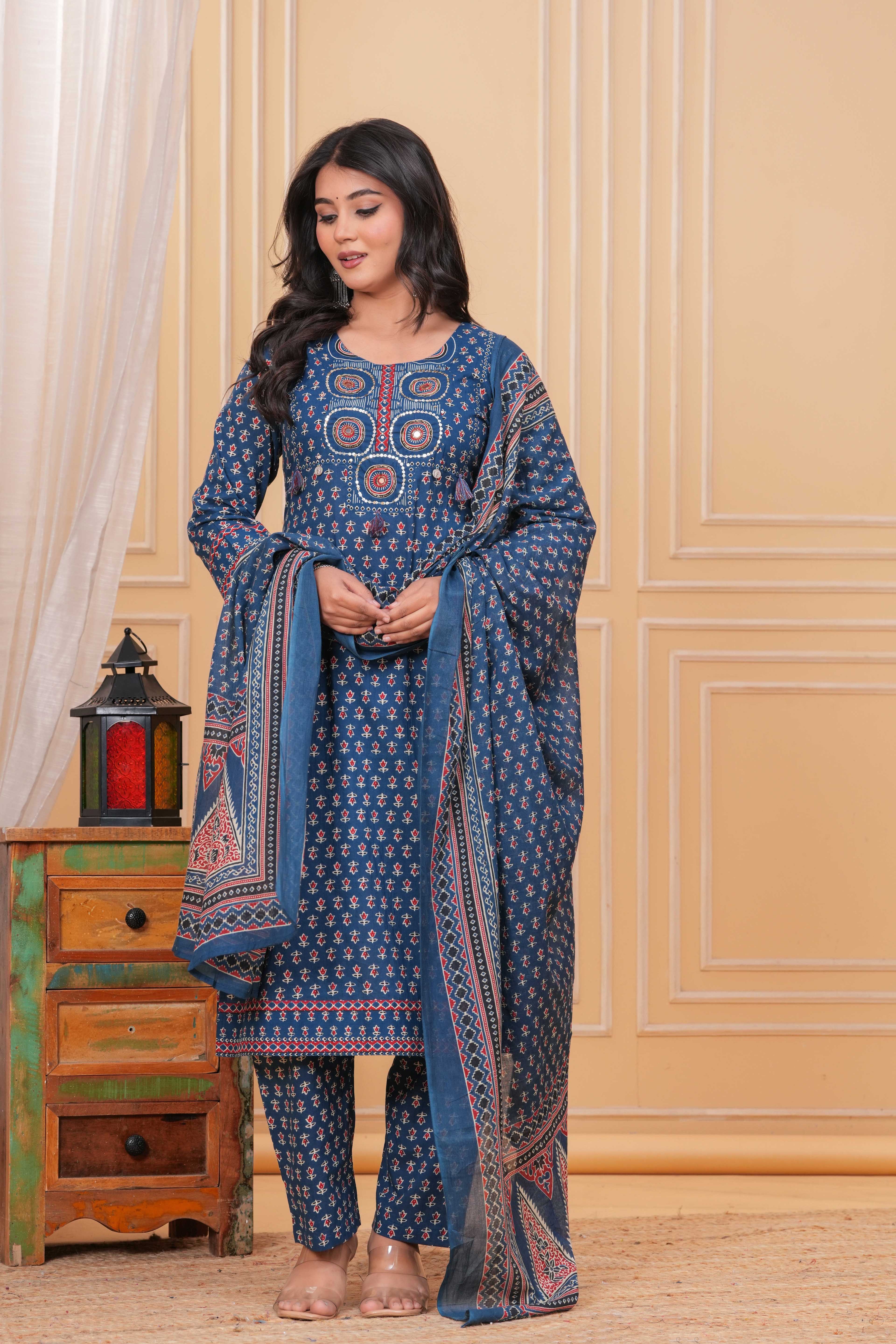 Traditional Blue Cotton Kurta Set with Stylish Dupatta