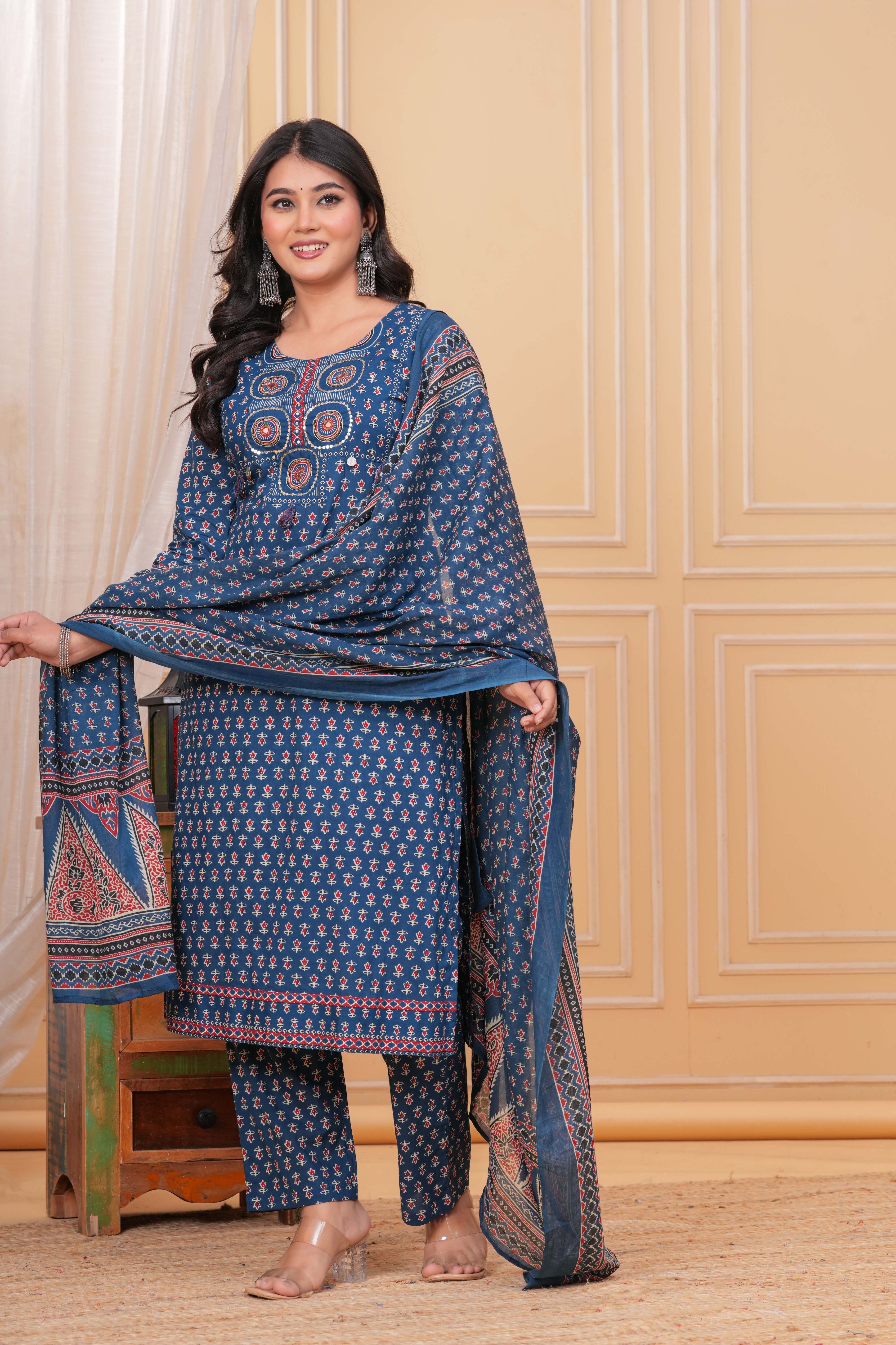 Traditional Blue Cotton Kurta Set with Stylish Dupatta