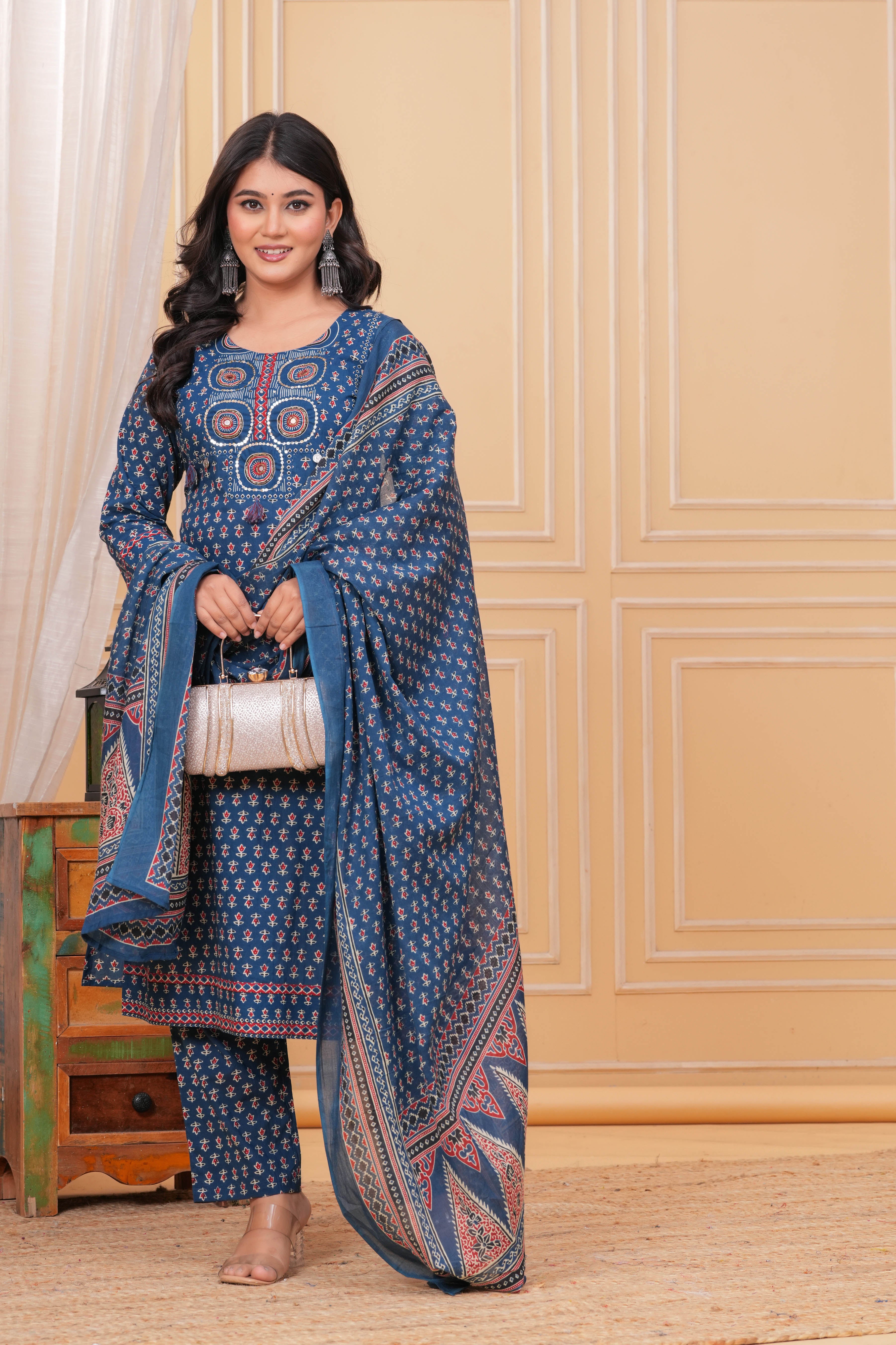 Traditional Blue Cotton Kurta Set with Stylish Dupatta