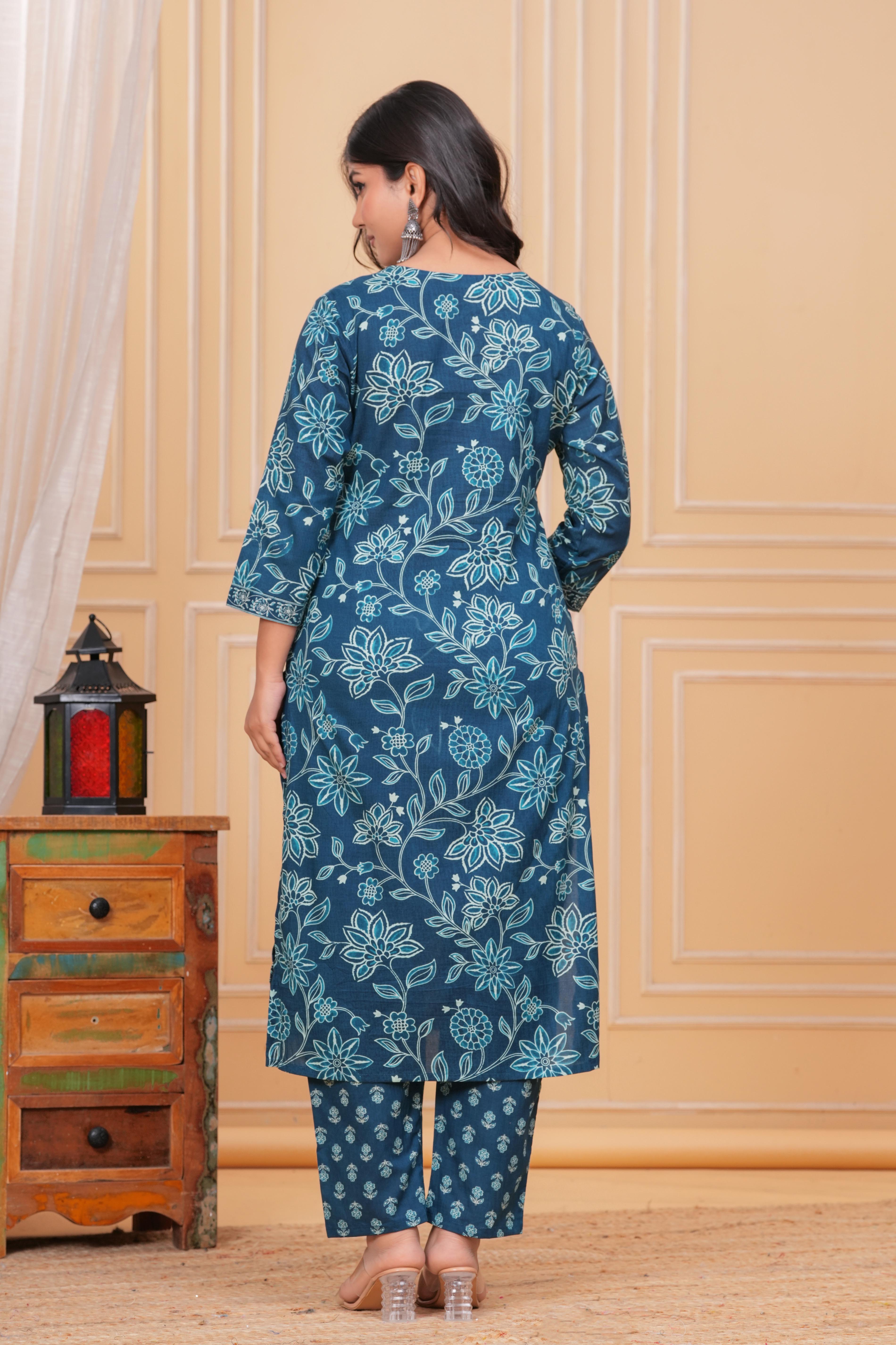 Elegant Teal Blue Floral Printed Kurta Set with Dupatta