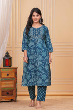 Elegant Teal Blue Floral Printed Kurta Set with Dupatta