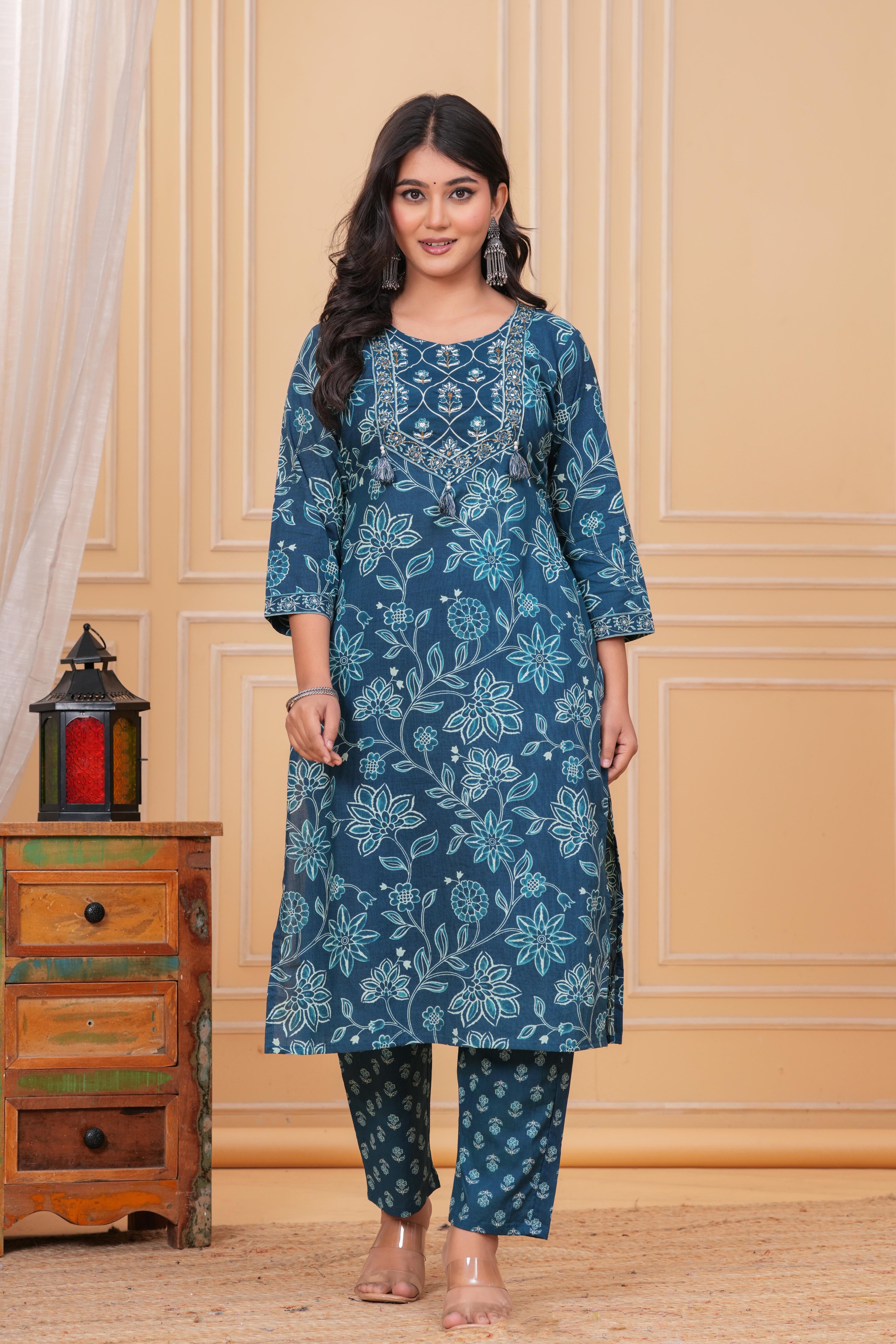 Elegant Teal Blue Floral Printed Kurta Set with Dupatta