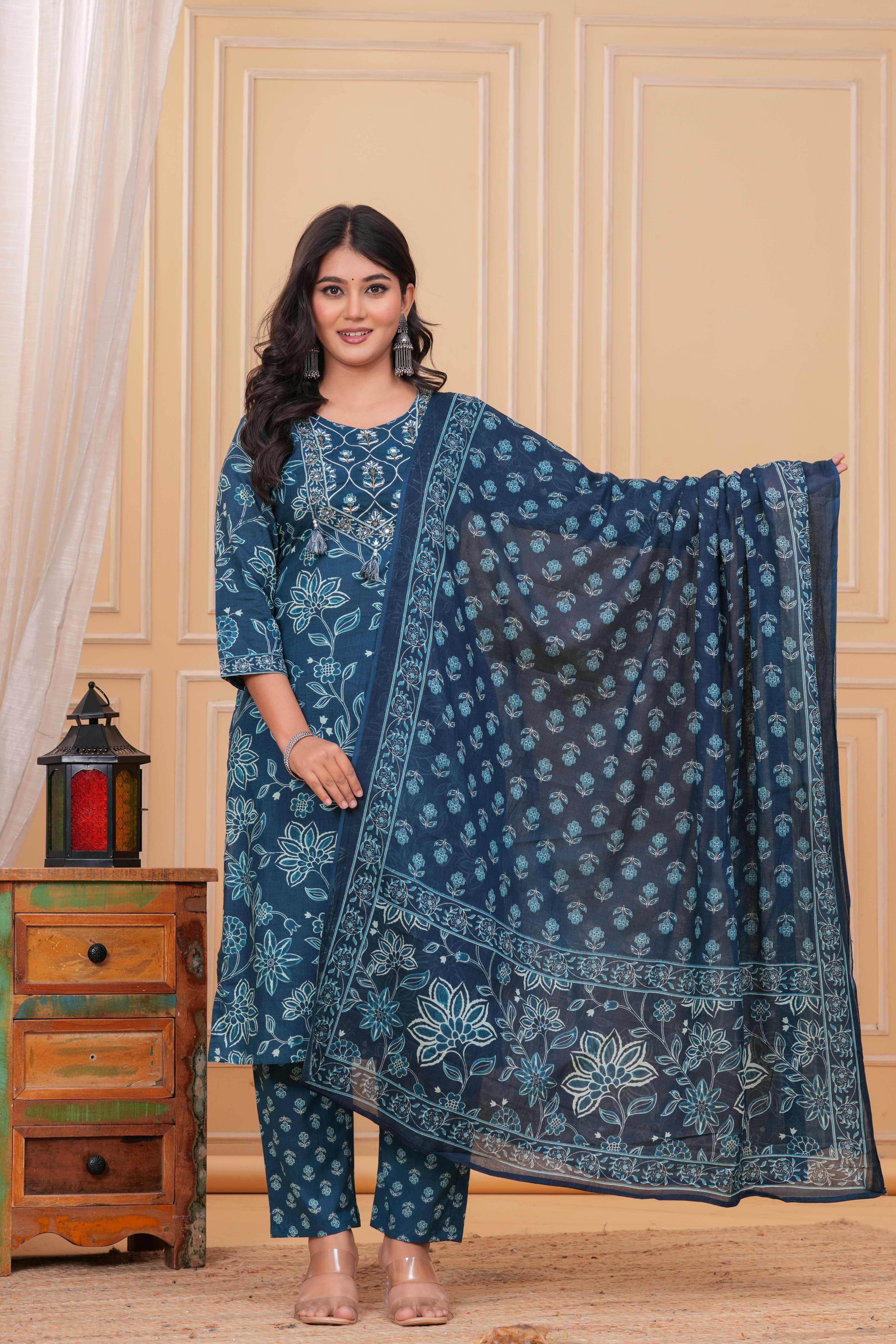Elegant Teal Blue Floral Printed Kurta Set with Dupatta