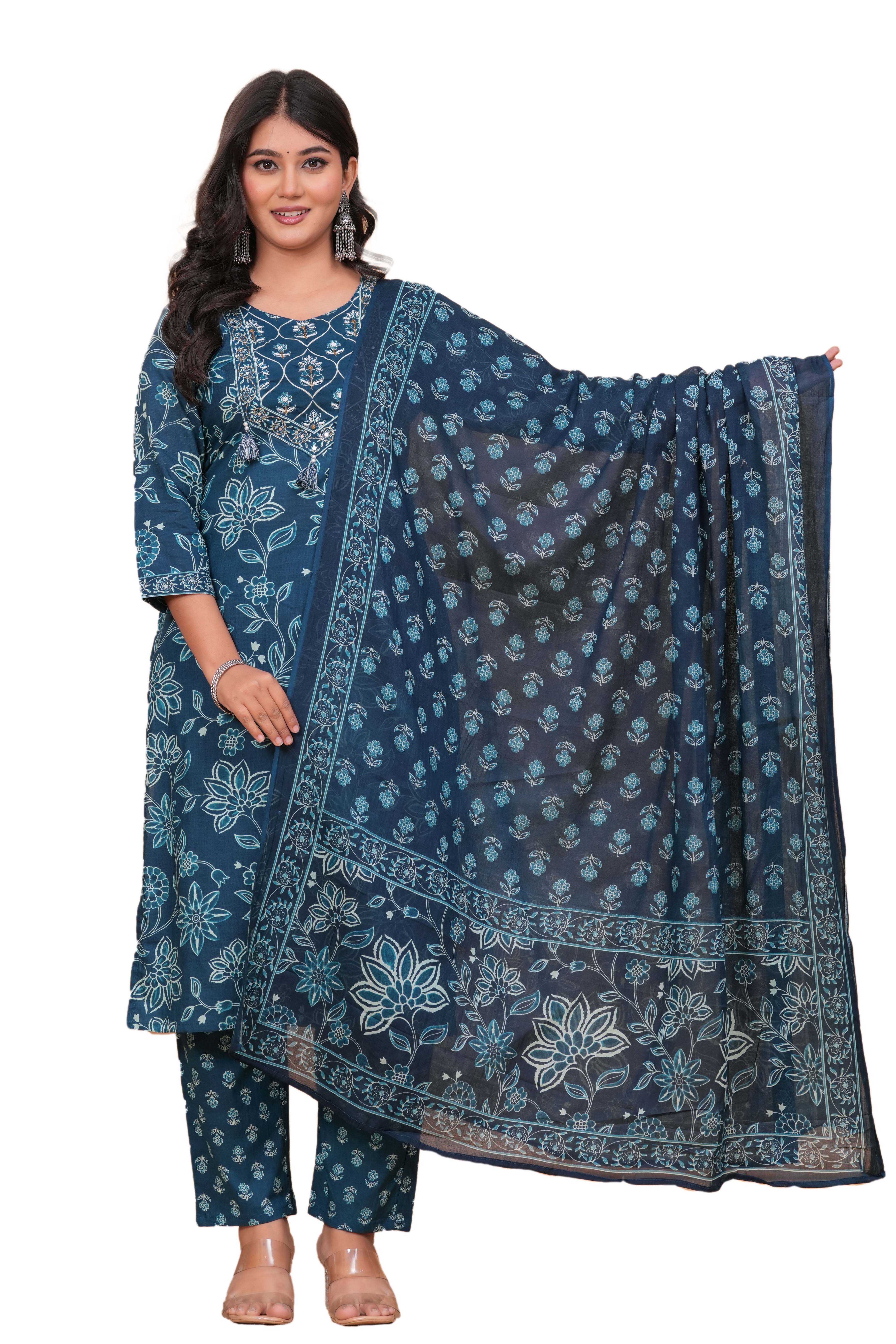 Elegant Teal Blue Floral Printed Kurta Set with Dupatta