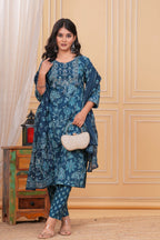 Elegant Teal Blue Floral Printed Kurta Set with Dupatta