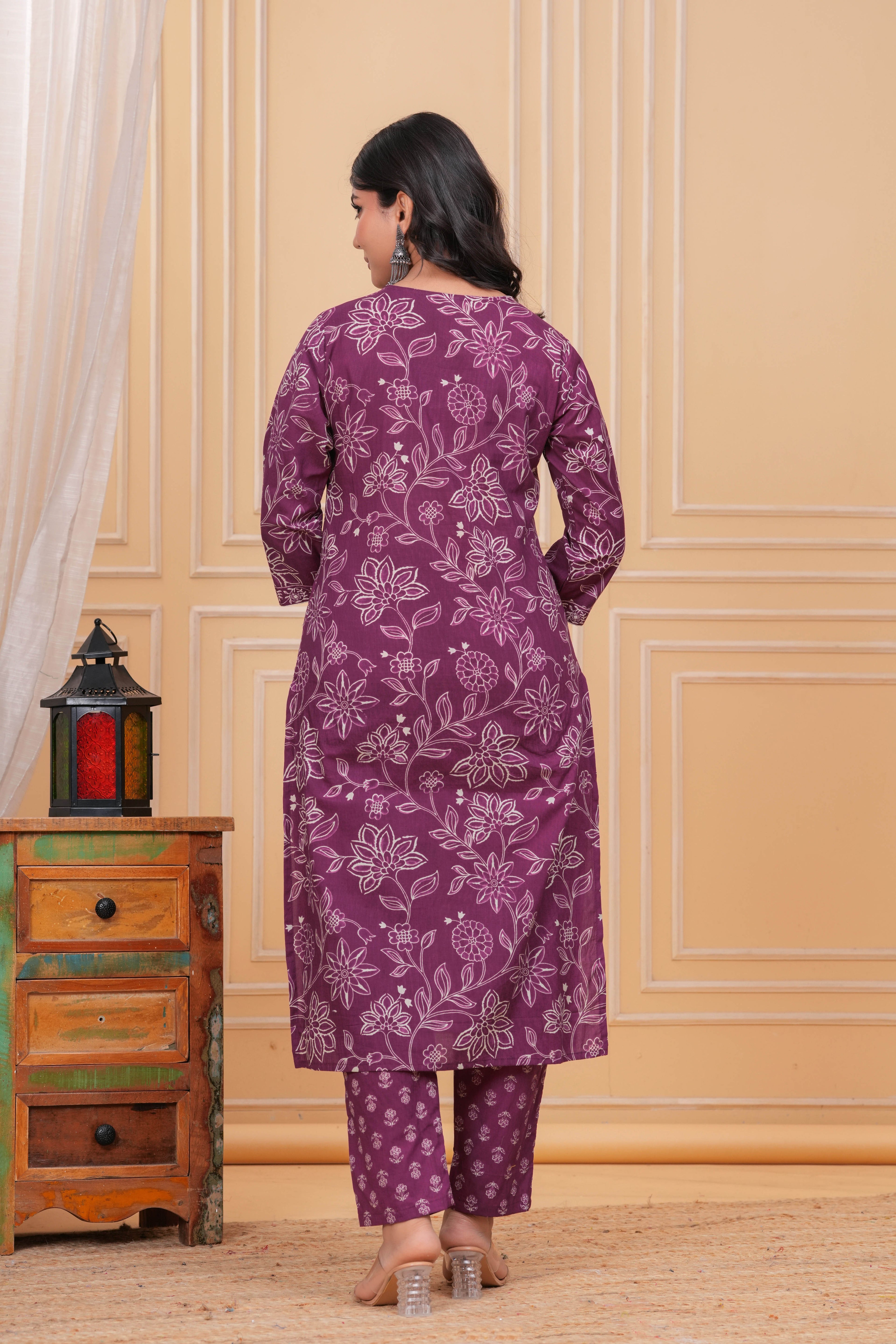 Elegant wine Purple Floral Printed Kurta Set with Dupatta