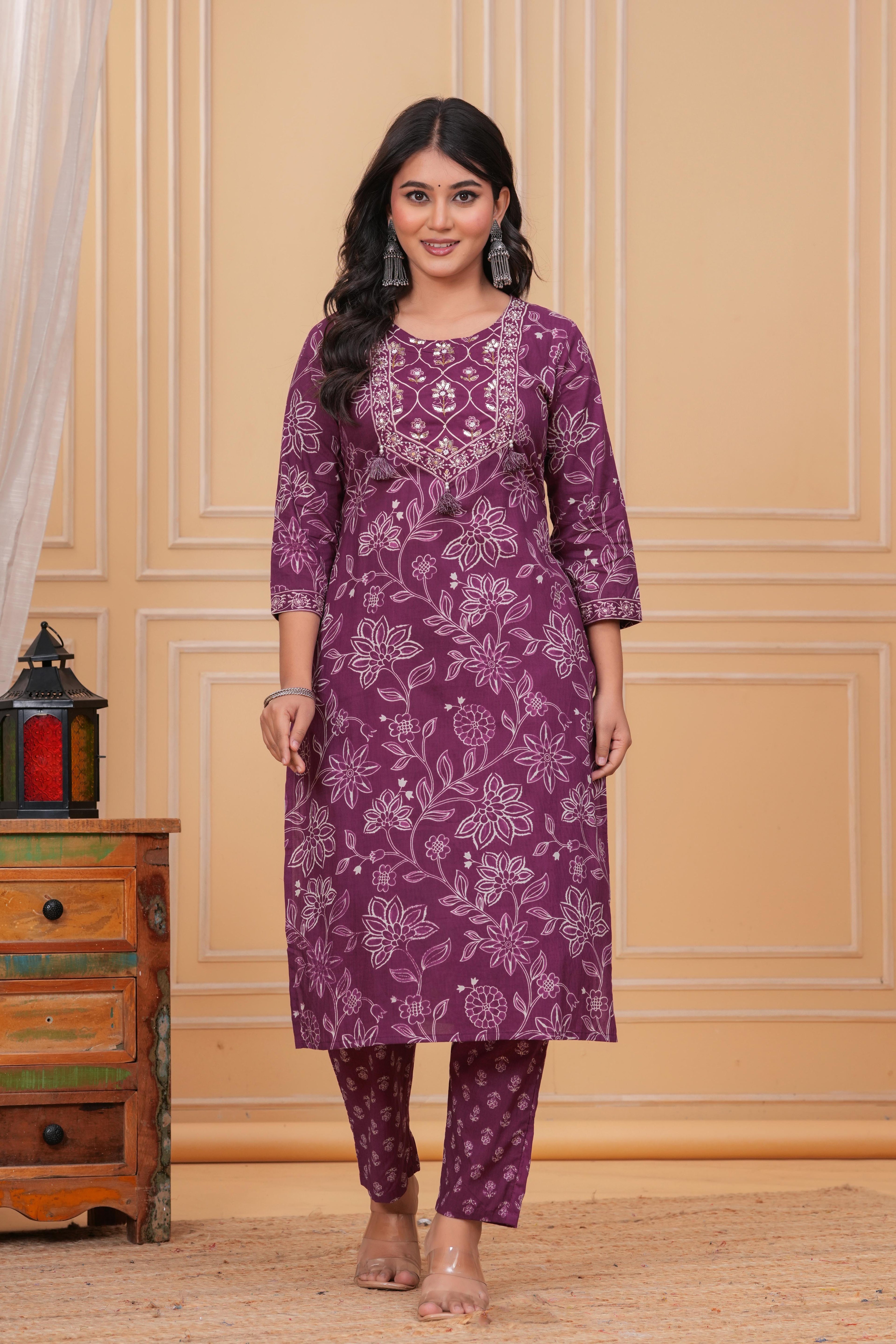 Elegant wine Purple Floral Printed Kurta Set with Dupatta